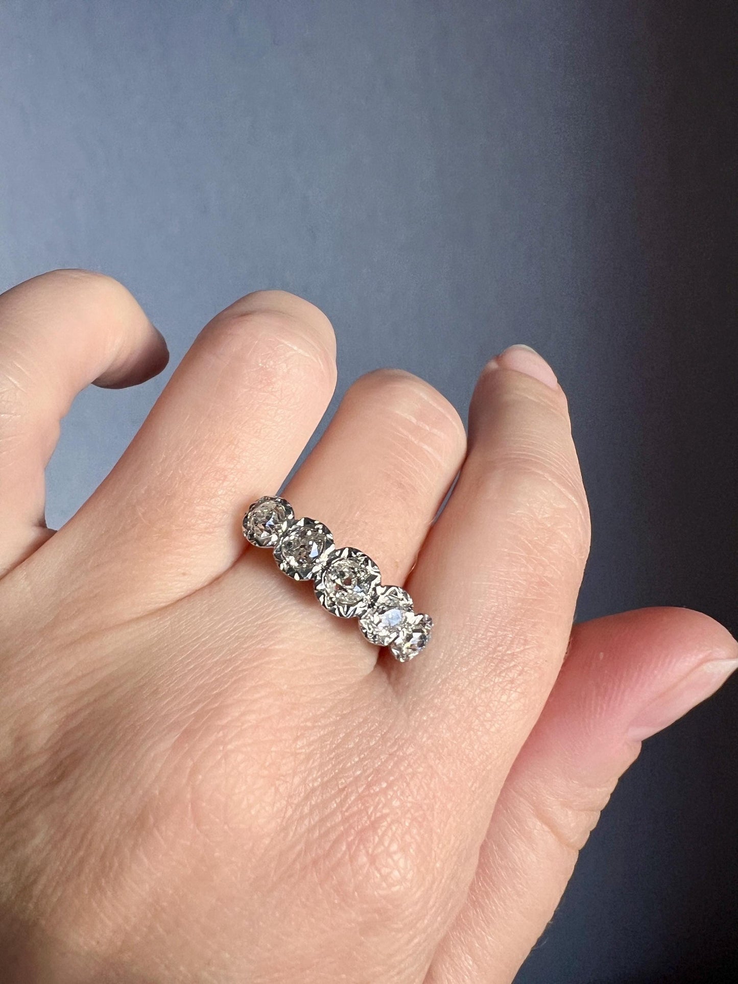 Antique 1.2 Carat Old Mine Cut DIAMOND 18k Gold Platinum Five Stone Ring Tall Band Romantic Gift Splayed Stacker Blush Sunburst Illusion