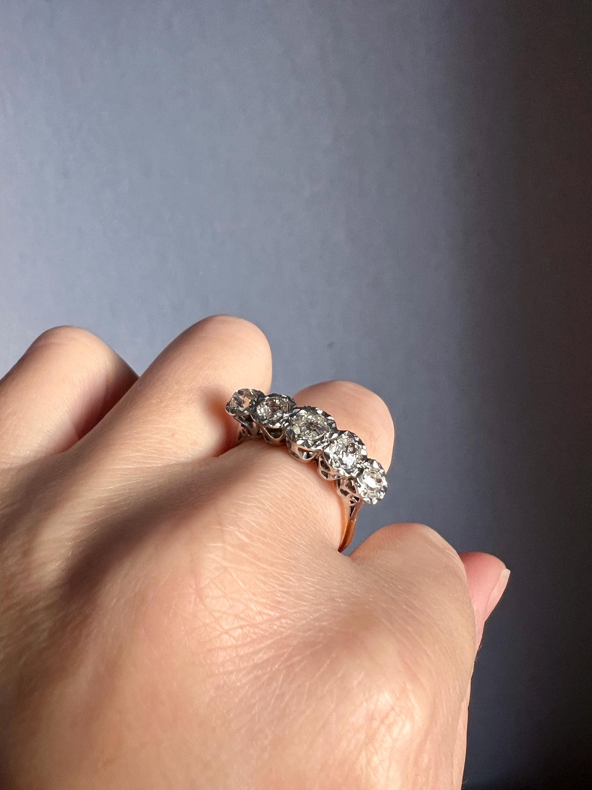 Antique 1.2 Carat Old Mine Cut DIAMOND 18k Gold Platinum Five Stone Ring Tall Band Romantic Gift Splayed Stacker Blush Sunburst Illusion