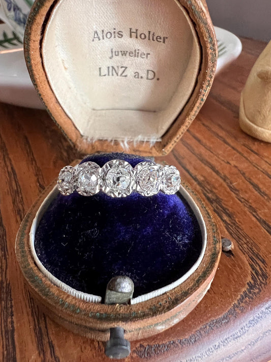 Antique 1.2 Carat Old Mine Cut DIAMOND 18k Gold Platinum Five Stone Ring Tall Band Romantic Gift Splayed Stacker Blush Sunburst Illusion