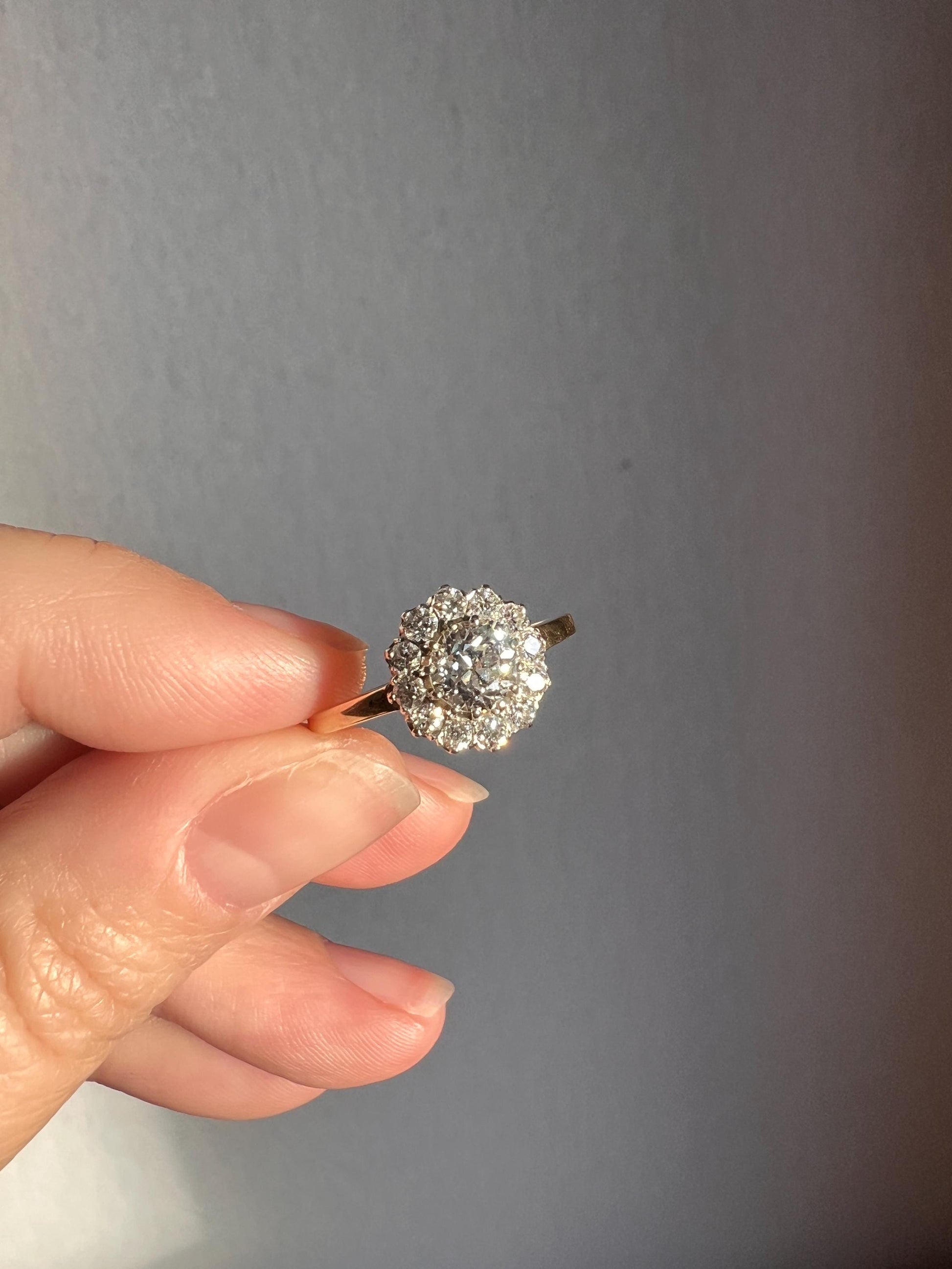 Antique Daisy CLUSTER Ring 1.1 CARAT Old European Cut DIAMOND Halo 14k Gold Eye Clean Stacker Victorian Edwardian Love Gift OeC 1Ctw Fiery