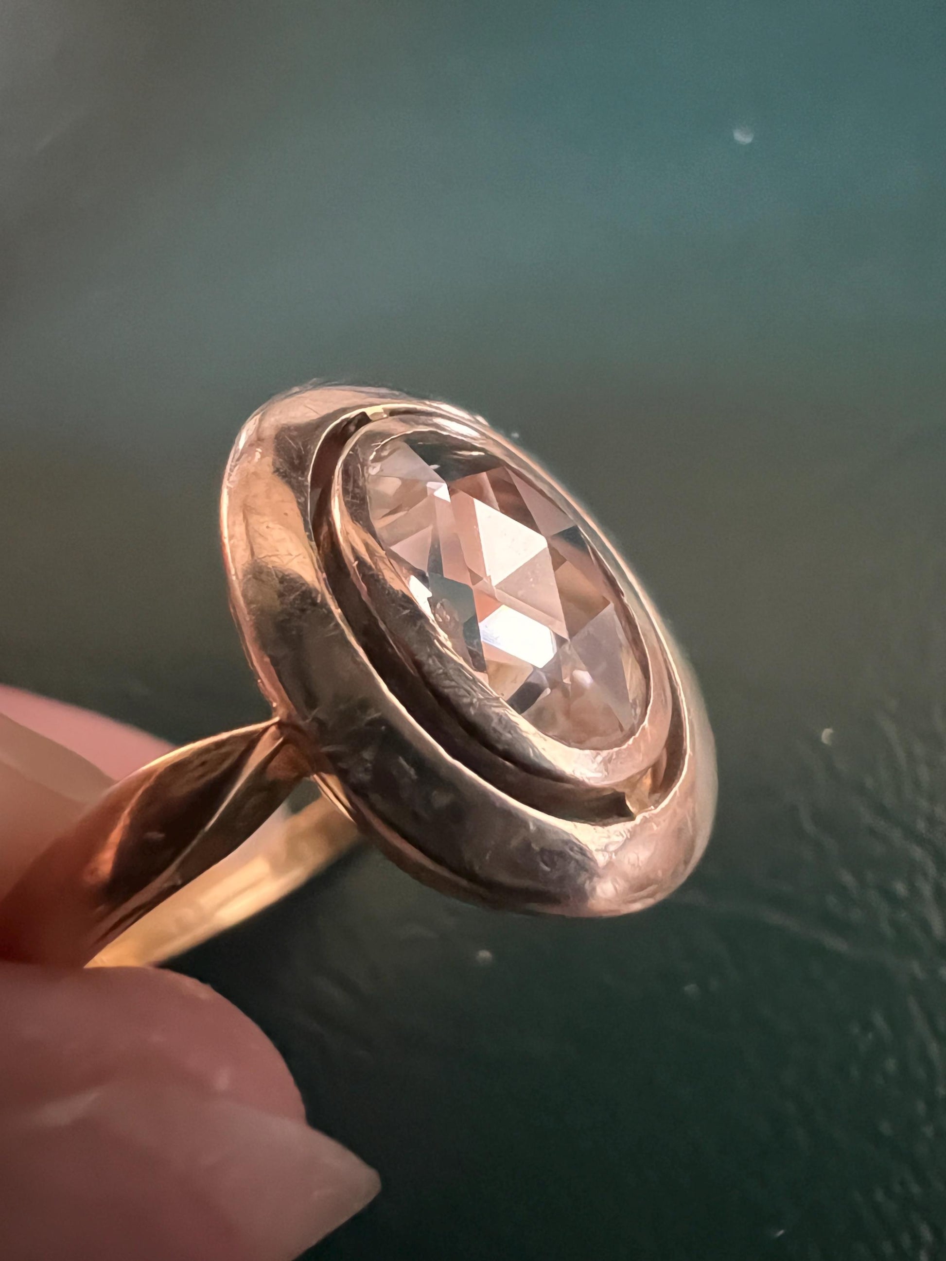 ANTIQUE Oval Rose Cut DIAMOND Open Backed Halo Ring 18k Gold Illusion Solitaire Stacker Disco Ball Romantic Gift Sparkle Unique Geometric