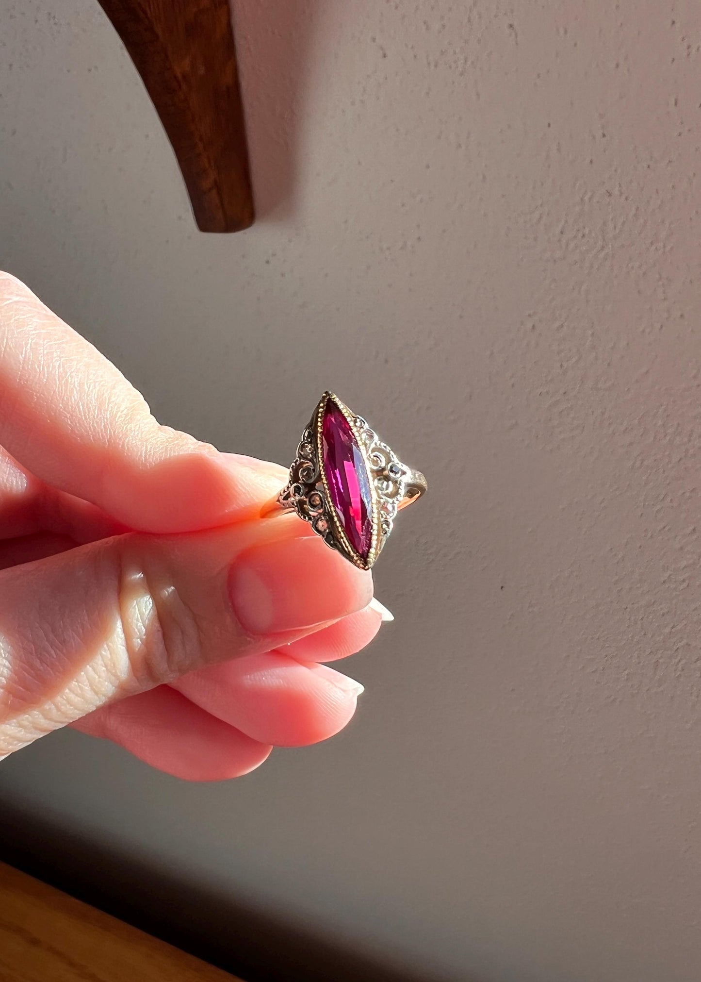 Belle Epoque Pink RUBY Old Mine Rose Cut DIAMOND Ornate Ring French Antique 18k Gold Skinny Stacker Romantic Gift Milgrain Marquise Navette