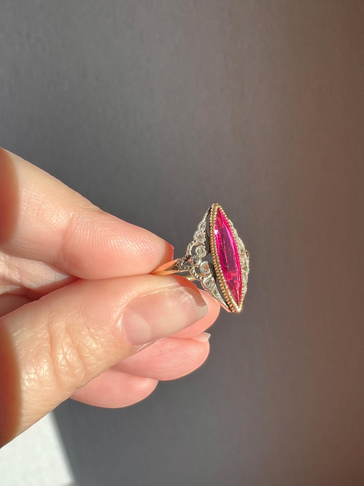 Belle Epoque Pink RUBY Old Mine Rose Cut DIAMOND Ornate Ring French Antique 18k Gold Skinny Stacker Romantic Gift Milgrain Marquise Navette