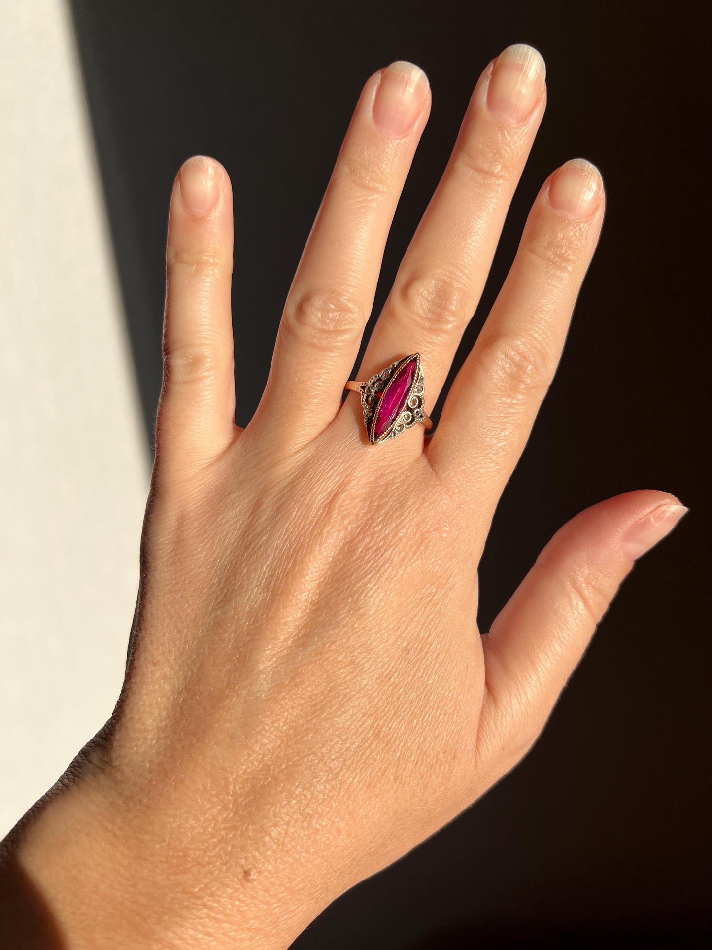 Belle Epoque Pink RUBY Old Mine Rose Cut DIAMOND Ornate Ring French Antique 18k Gold Skinny Stacker Romantic Gift Milgrain Marquise Navette