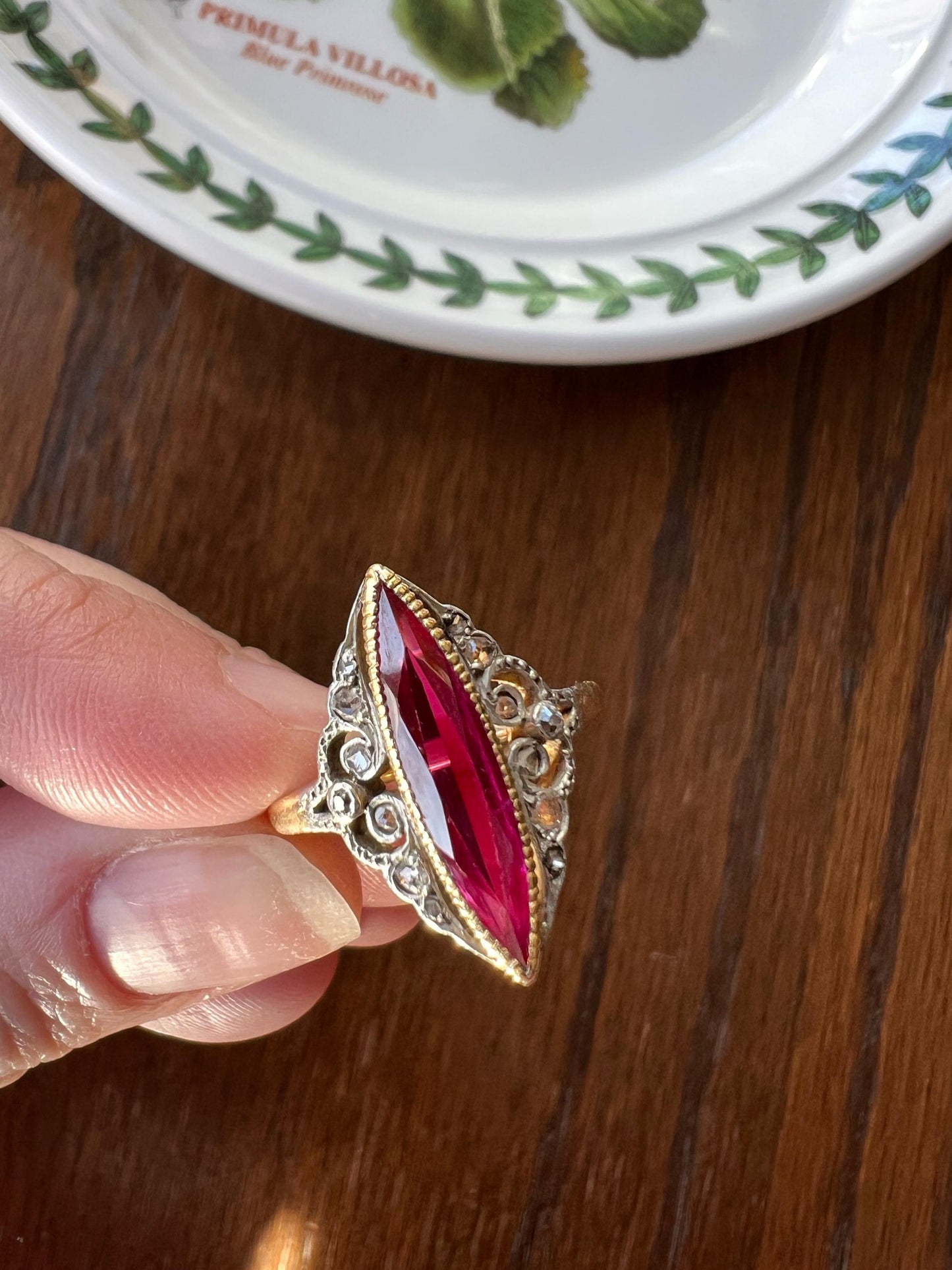 Belle Epoque Pink RUBY Old Mine Rose Cut DIAMOND Ornate Ring French Antique 18k Gold Skinny Stacker Romantic Gift Milgrain Marquise Navette