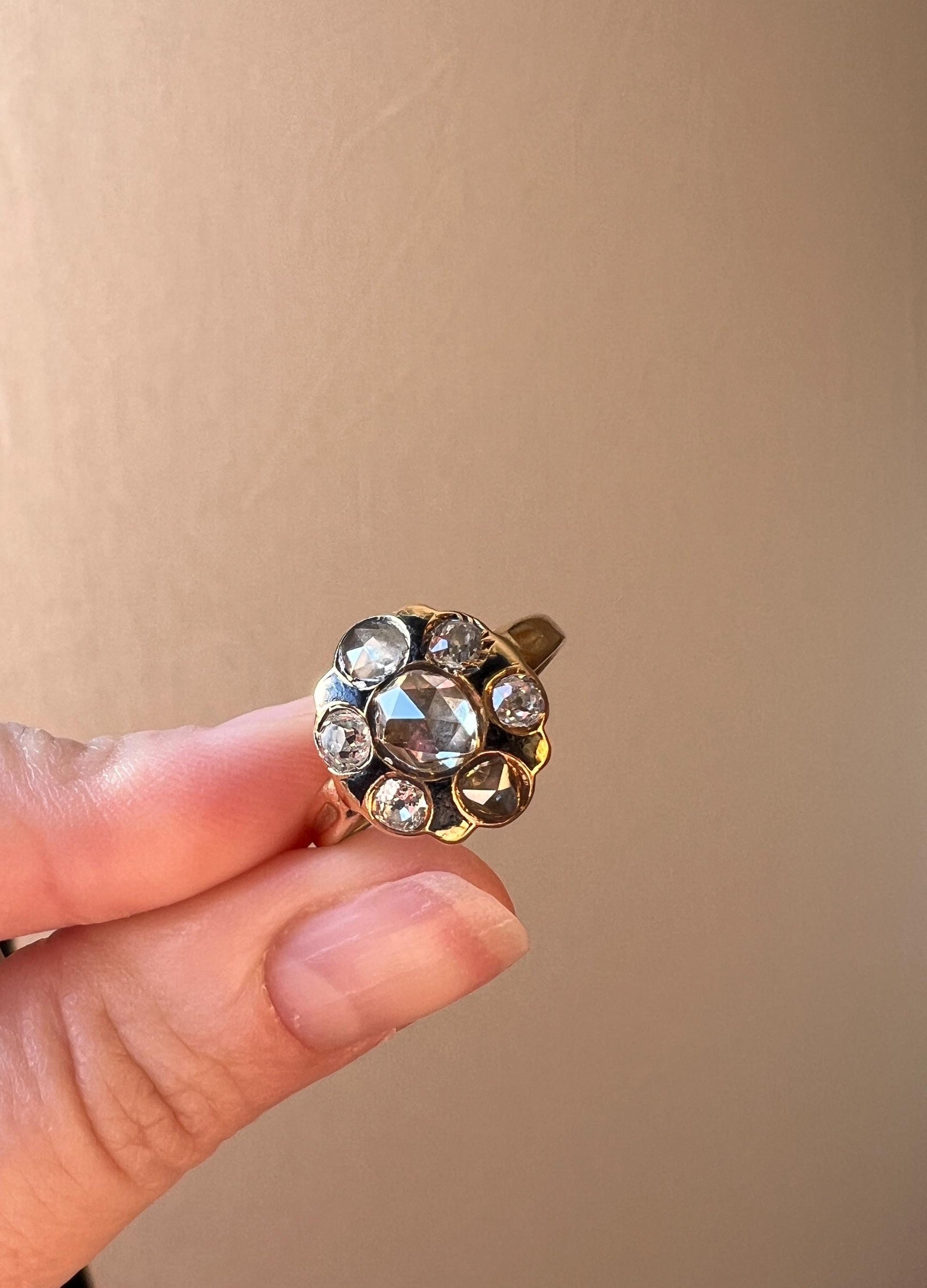 GEORGIAN Era 1.5 Carat Mixed Rose & Old Mine Cut DIAMOND Cluster Ring French Antique 18k Gold Black Enamel Dutch Point Cut Domed Love Gift