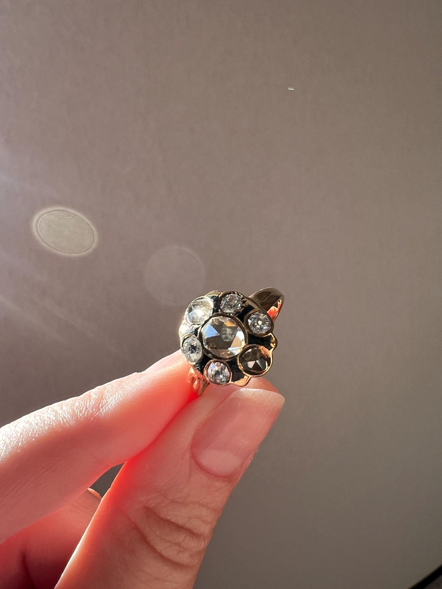 GEORGIAN Era 1.5 Carat Mixed Rose & Old Mine Cut DIAMOND Cluster Ring French Antique 18k Gold Black Enamel Dutch Point Cut Domed Love Gift