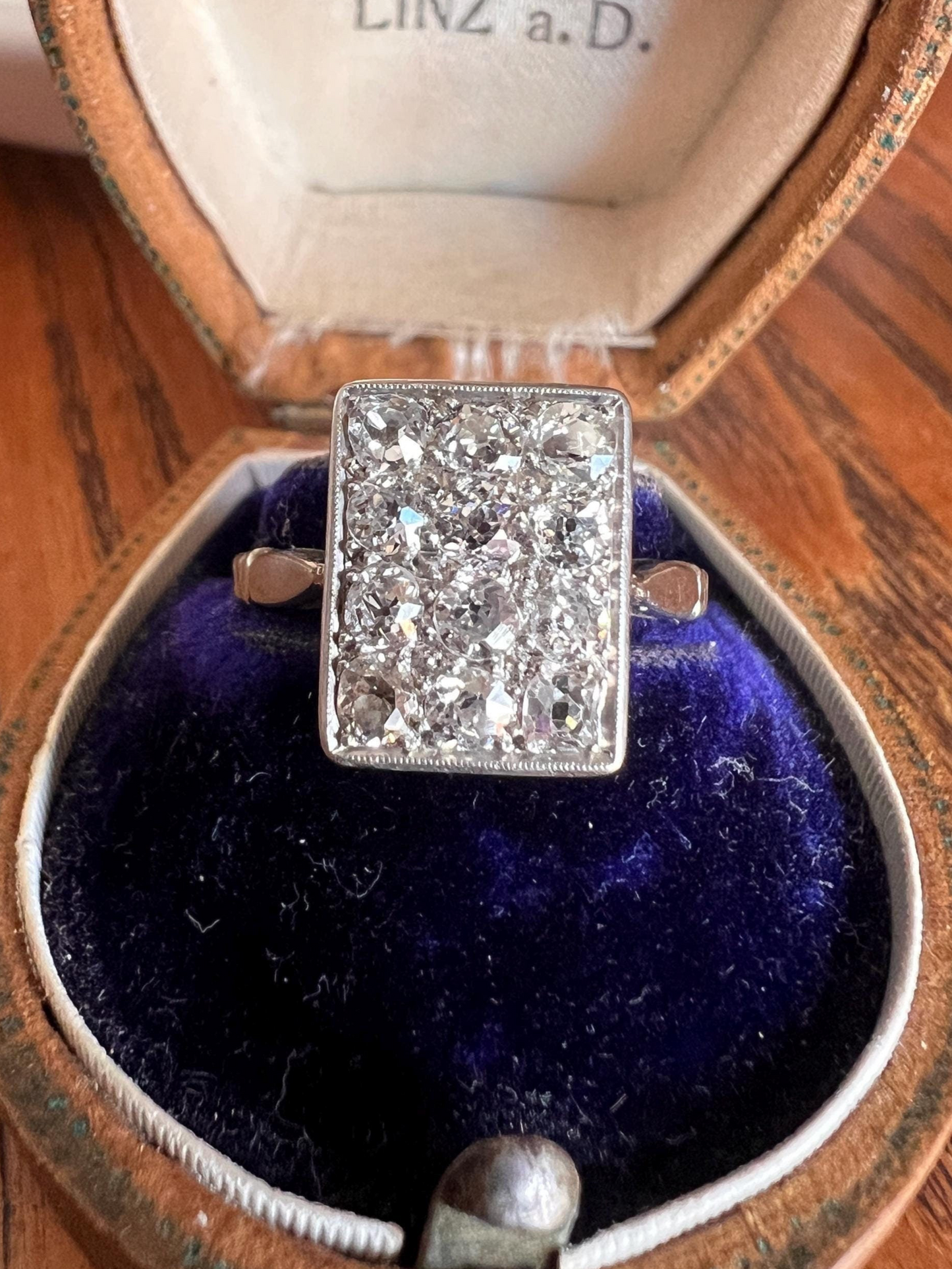 Diamond Antique Grid Ring 1 Carat Old Mine Cut Rectangle Panel Ring 14k GOLD Platinum