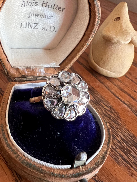 Rare Open Back Antique 1.7 CARAT Rose Cut DIAMOND Clear Disco Daisy Cluster Ring French 18k Gold