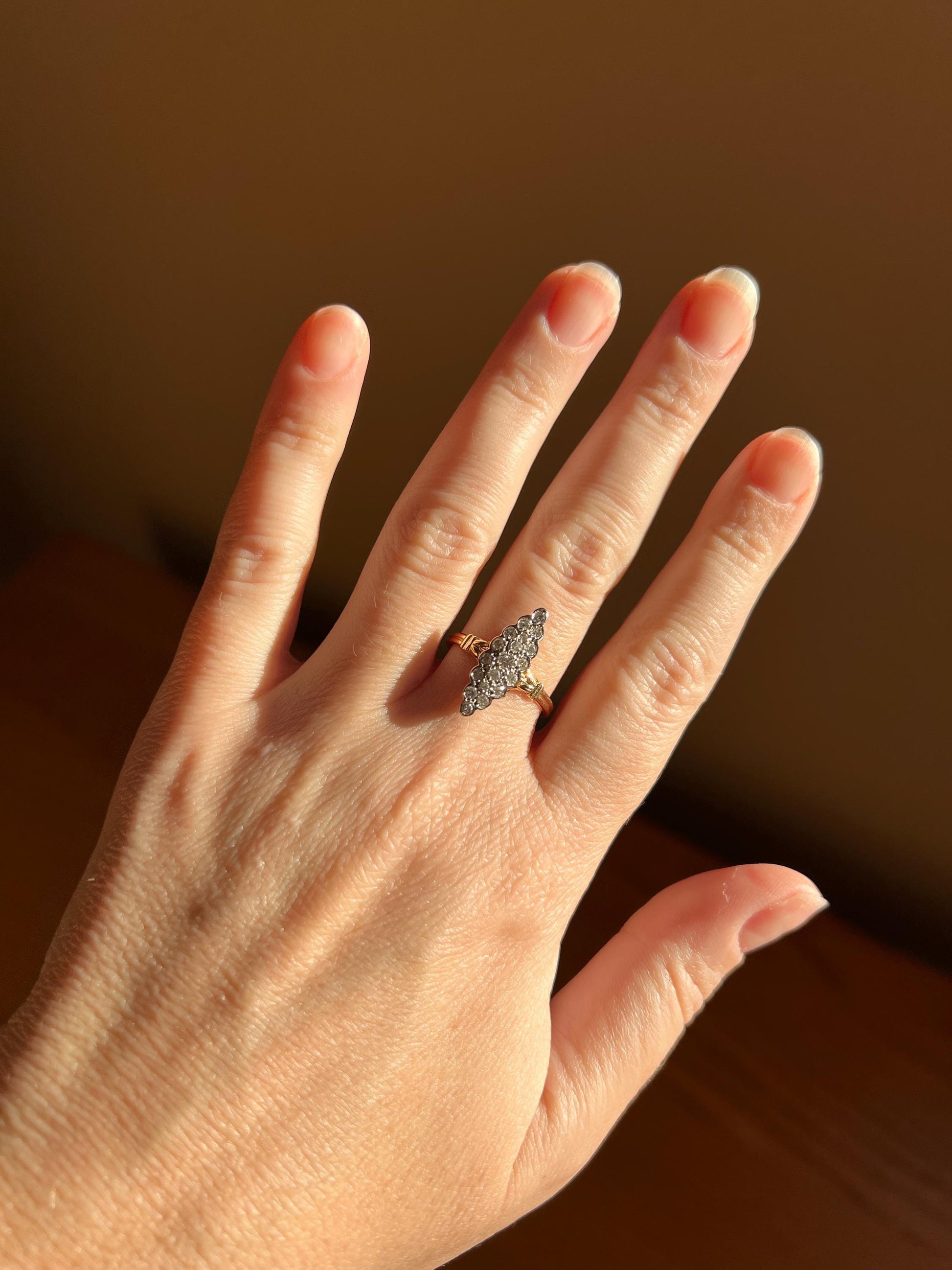 Tall Skinny NAVETTE French Vintage DIAMOND Ring Dainty Scalloped Stacker Cobblestone 18k Gold Romantic Gift Ornate Flared Shoulders