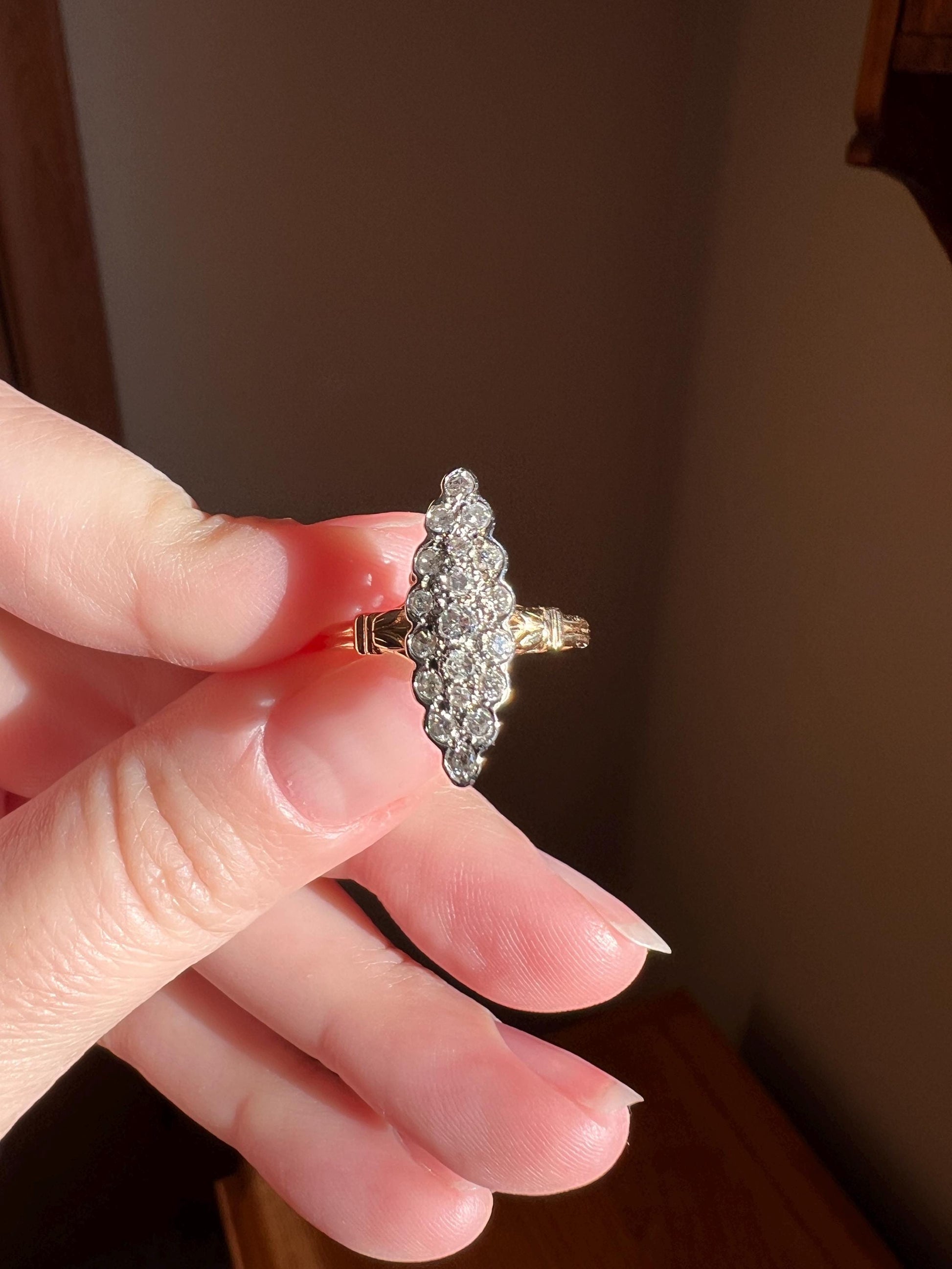 Tall Skinny NAVETTE French Vintage DIAMOND Ring Dainty Scalloped Stacker Cobblestone 18k Gold Romantic Gift Ornate Flared Shoulders