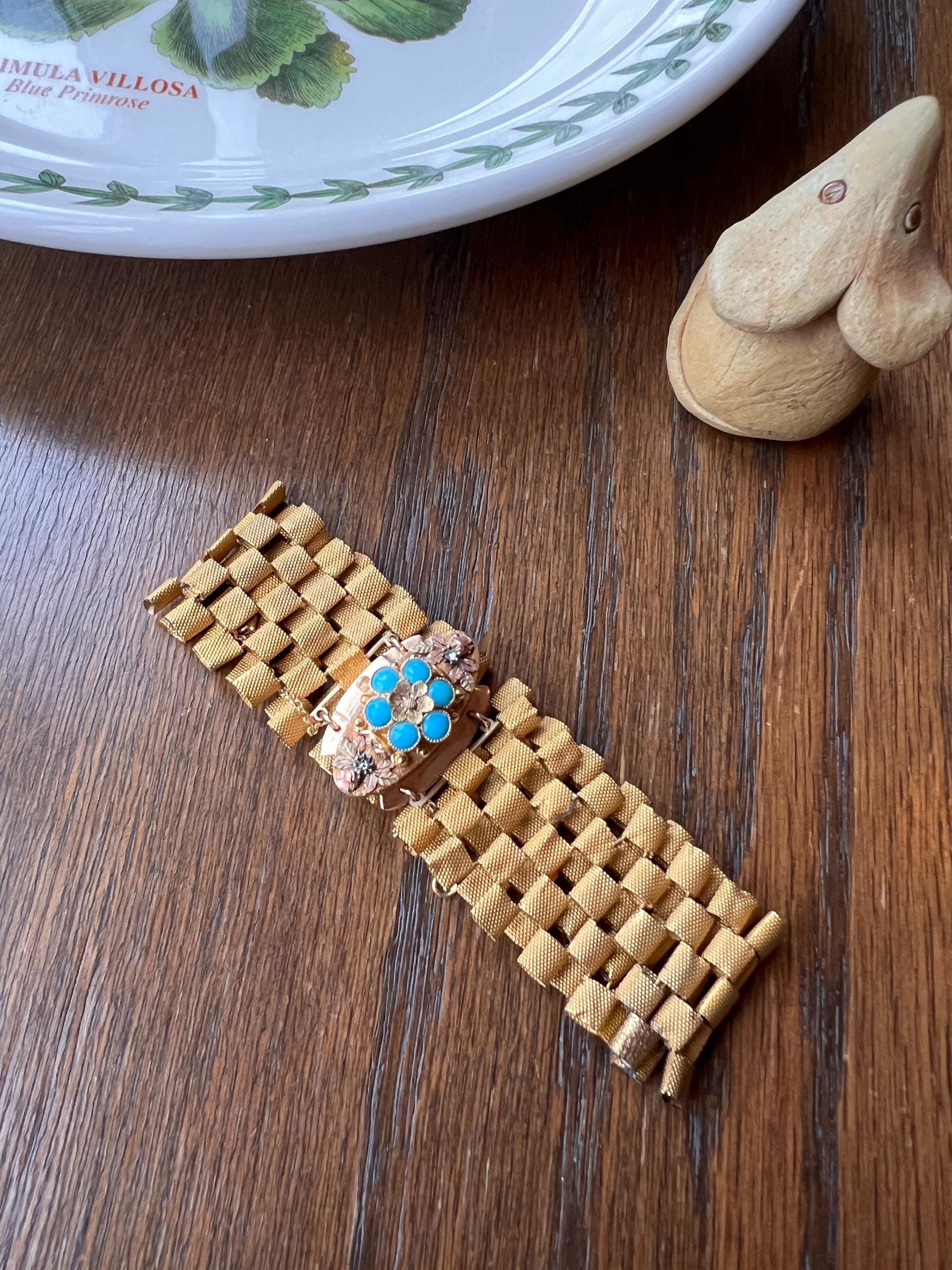 Special French ANTIQUE Victorian 18k Gold Cuff Bracelet Curved Mesh Link One of a Kind Floral Tricolor Gold Rose Cut Diamond Turquoise Clasp