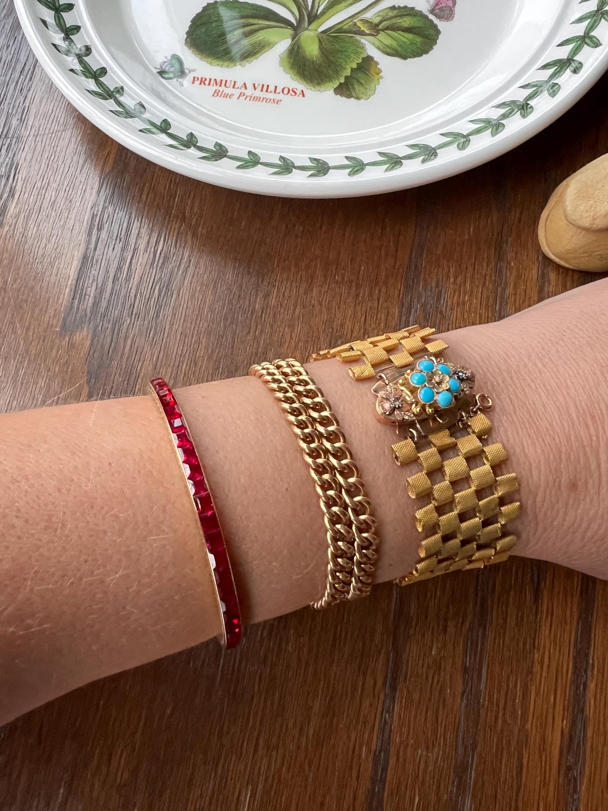 Special French ANTIQUE Victorian 18k Gold Cuff Bracelet Curved Mesh Link One of a Kind Floral Tricolor Gold Rose Cut Diamond Turquoise Clasp