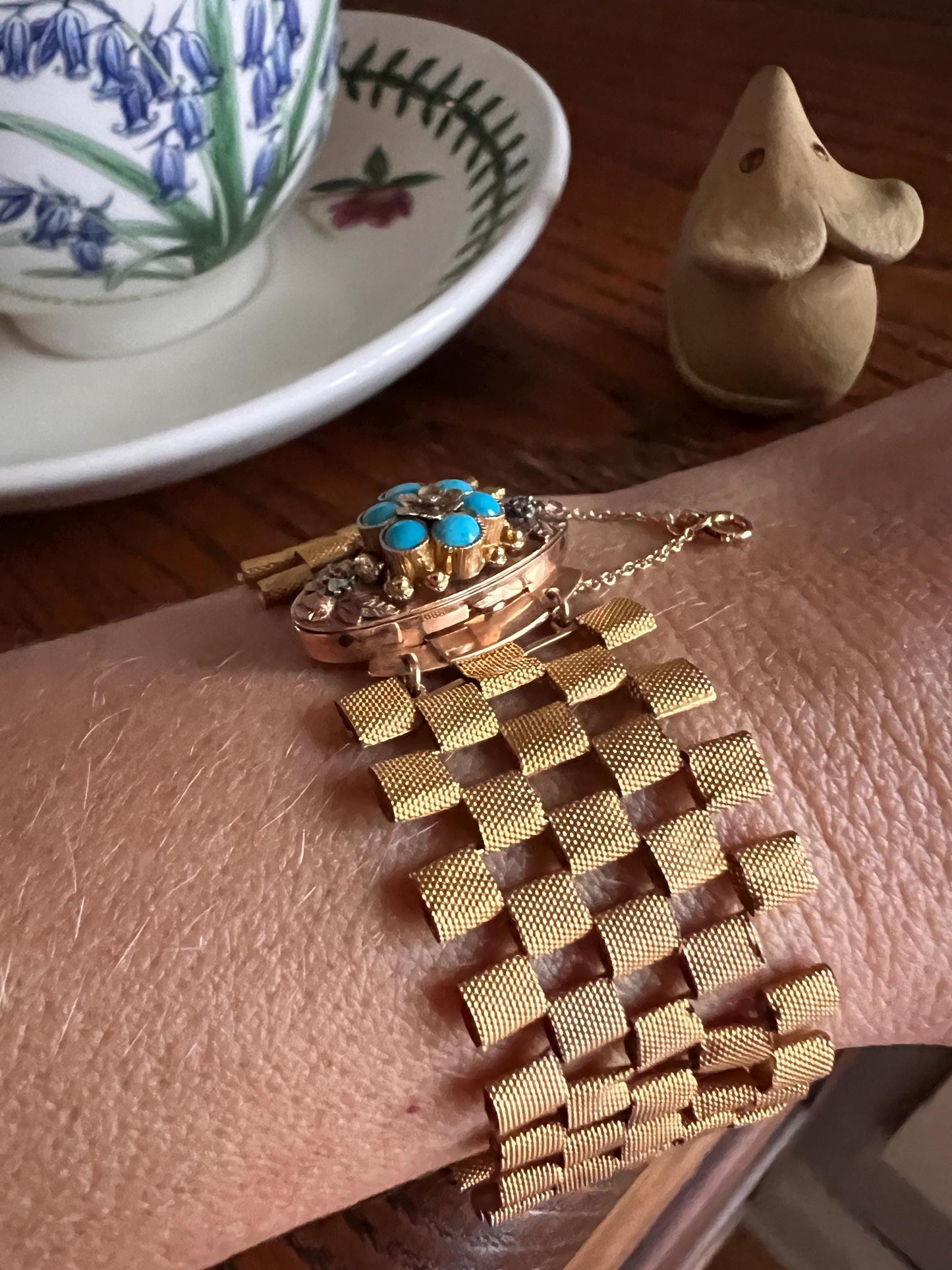 Special French ANTIQUE Victorian 18k Gold Cuff Bracelet Curved Mesh Link One of a Kind Floral Tricolor Gold Rose Cut Diamond Turquoise Clasp