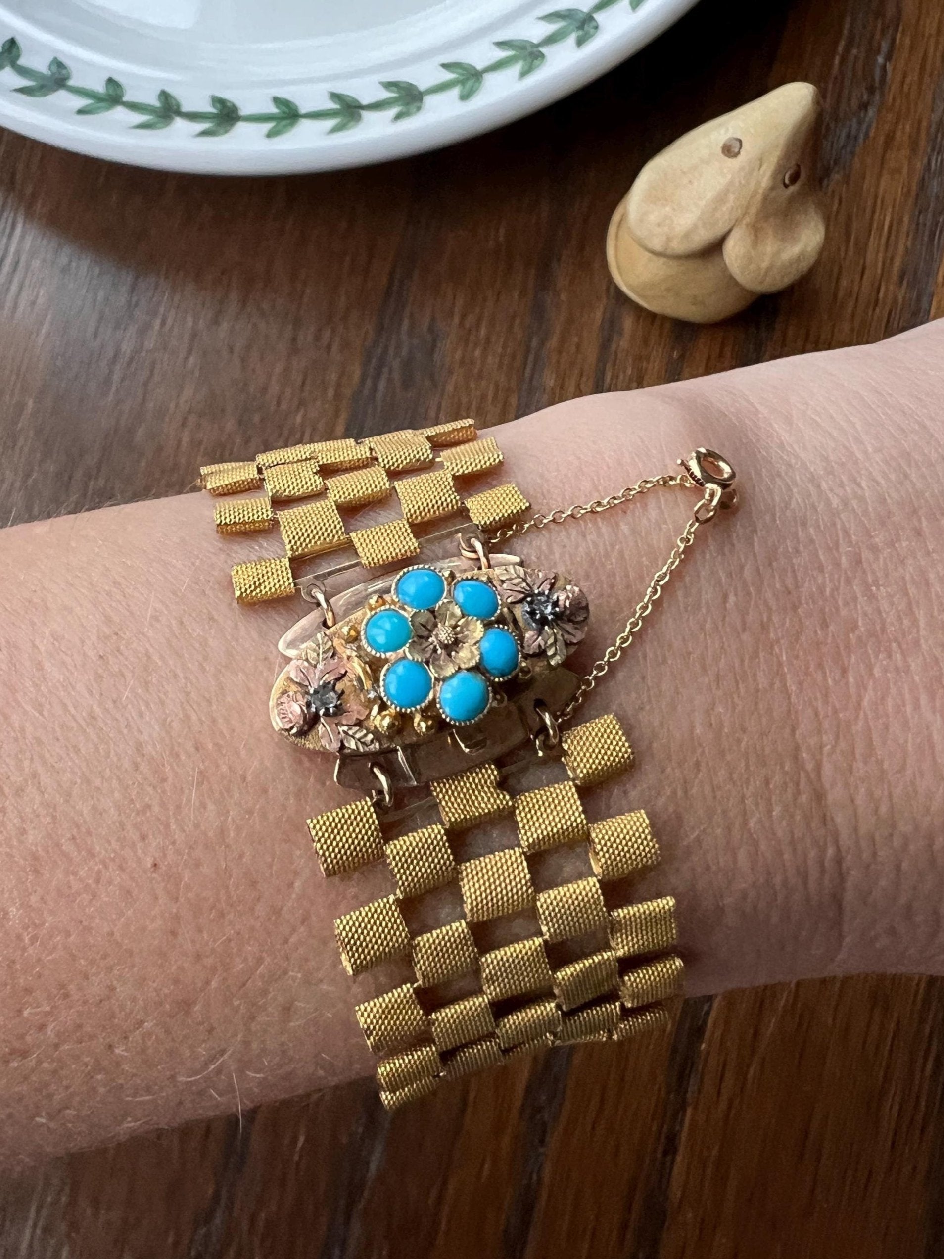 Special French ANTIQUE Victorian 18k Gold Cuff Bracelet Curved Mesh Link One of a Kind Floral Tricolor Gold Rose Cut Diamond Turquoise Clasp