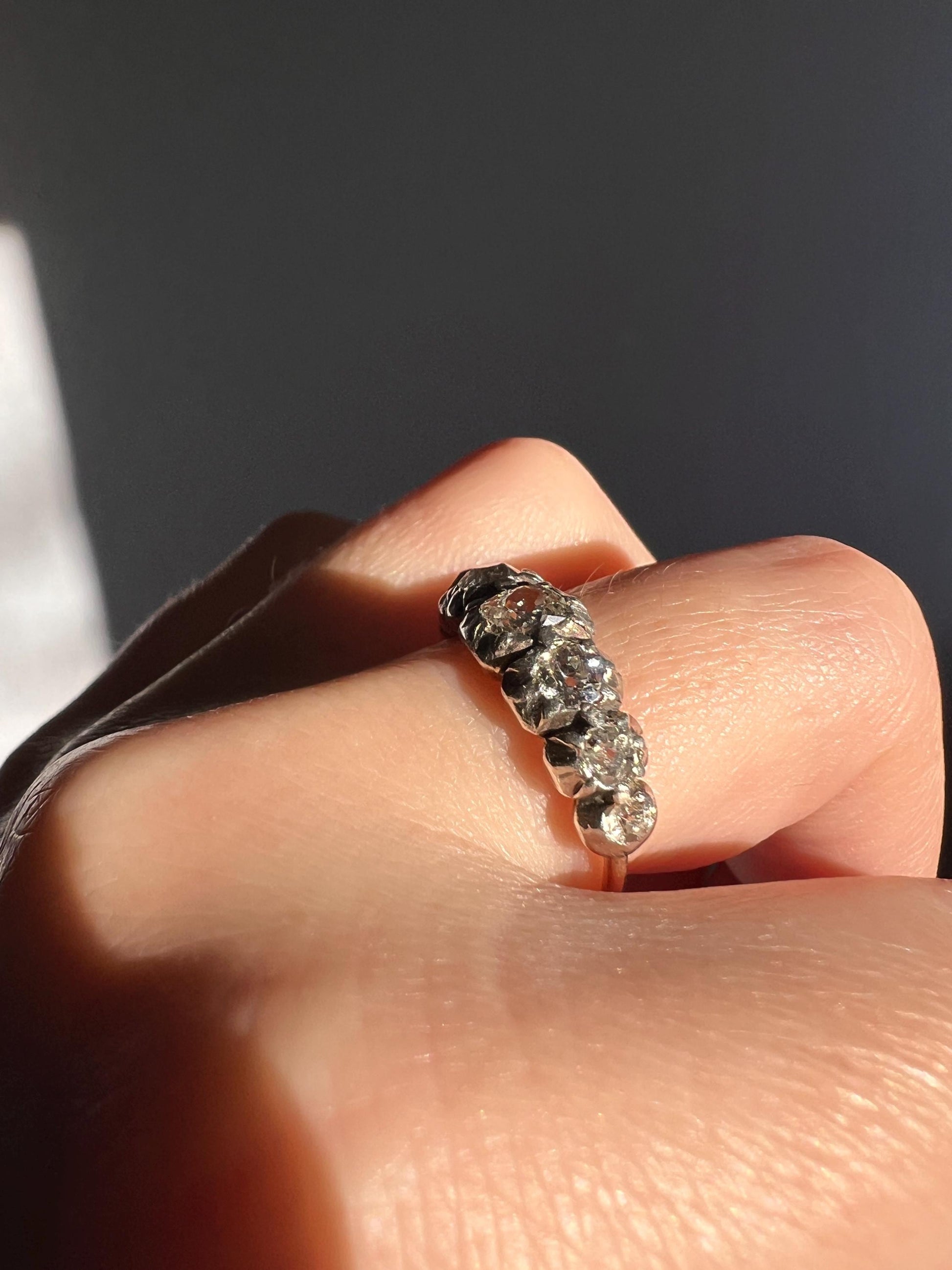 VICTORIAN French ANTIQUE 1.3 Carat Old Mine Cut DIAMOND Seven Stone Half Hoop 18k Gold Silver Collets Stacker Band Open Back Pale Yellow OmC