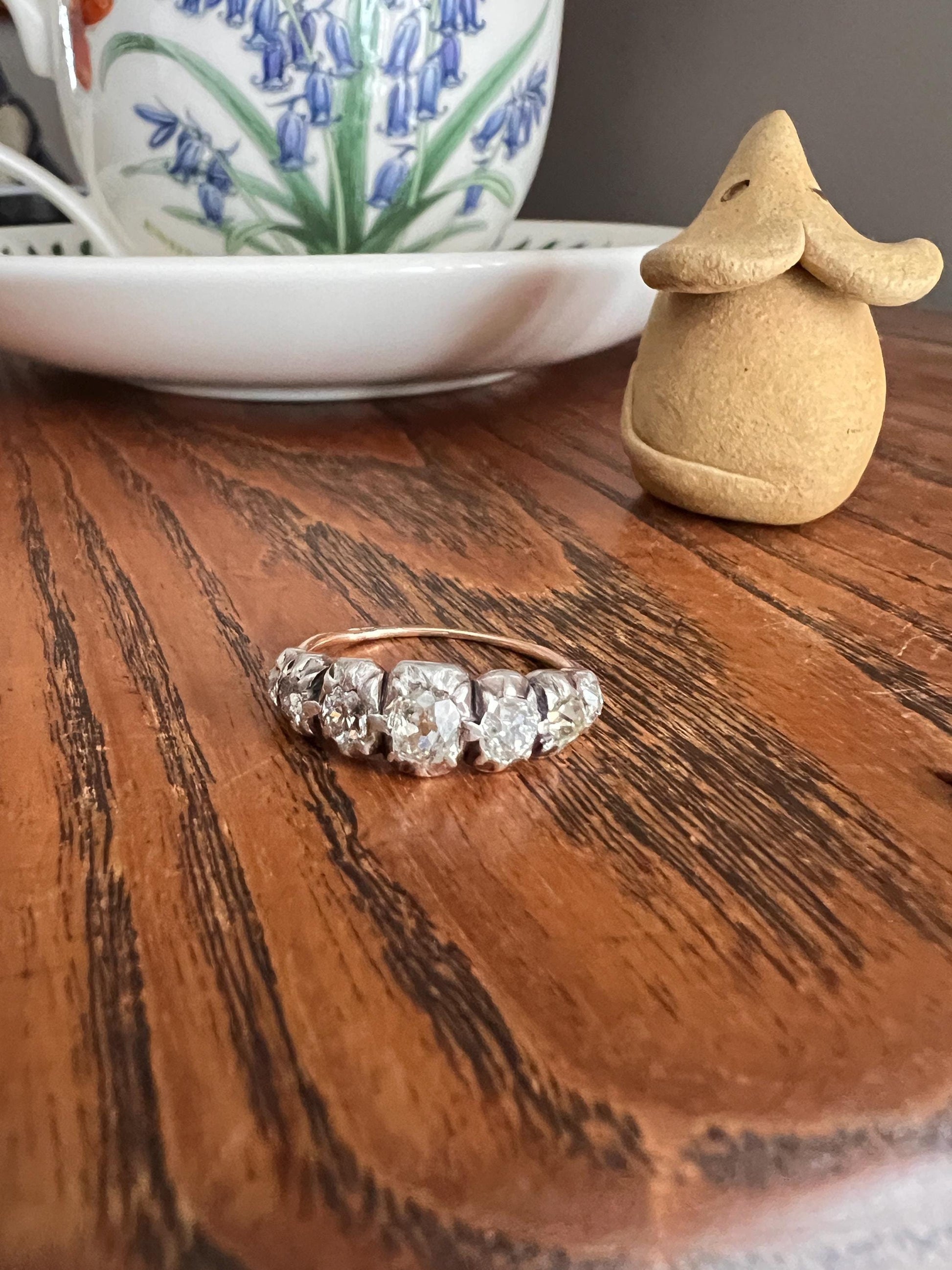 VICTORIAN French ANTIQUE 1.3 Carat Old Mine Cut DIAMOND Seven Stone Half Hoop 18k Gold Silver Collets Stacker Band Open Back Pale Yellow OmC