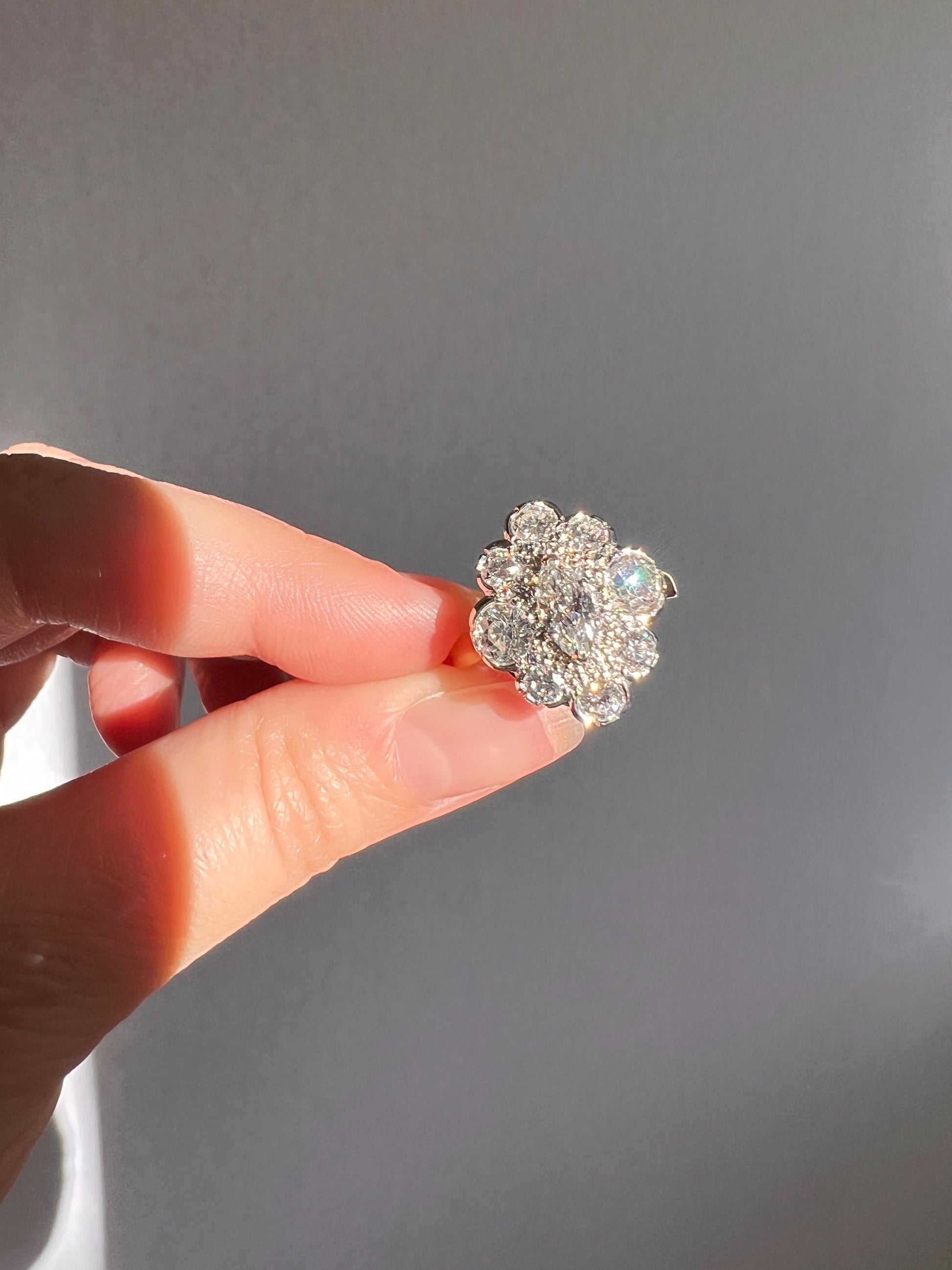 MARQUISE Antique Old Mine Cut 2.4 Carat DIAMOND Daisy Cluster Ring Eye Clean Fiery Vintage Brilliant Halo NineStone Stacker 18k Gold French