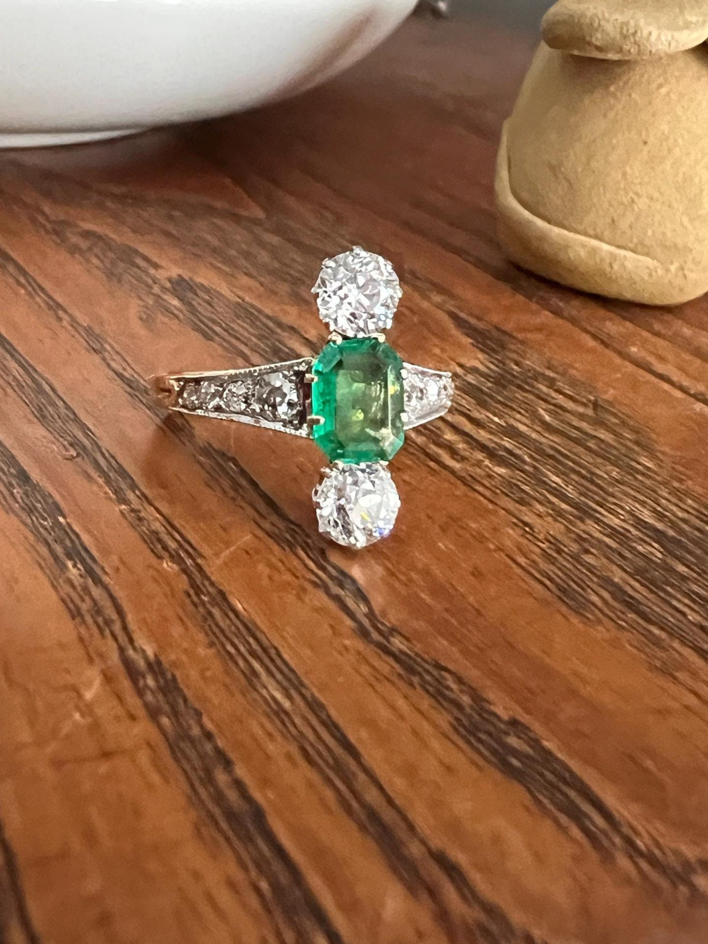 Antique Old Octagon Cut EMERALD 1.5 Carat Old Mine Cut Diamond Line Ring Edwardian Stacker Gift French 18k Gold Platinum Old Step Cut Octagonal