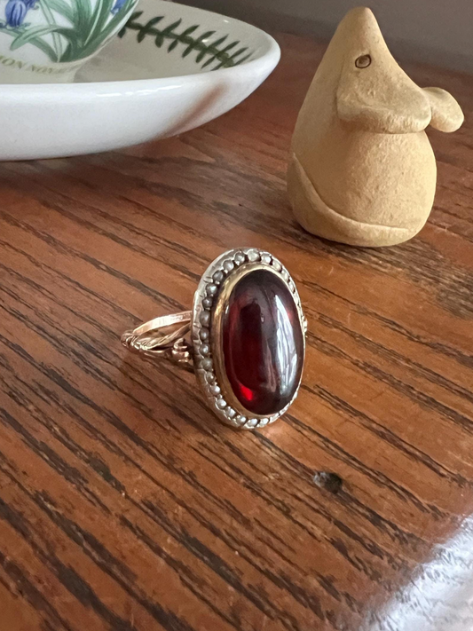 XL GARNET Antique Pearl Halo Ring Antique 18k Gold Floral Ring Butt Glossy Crimson Glowing Victorian