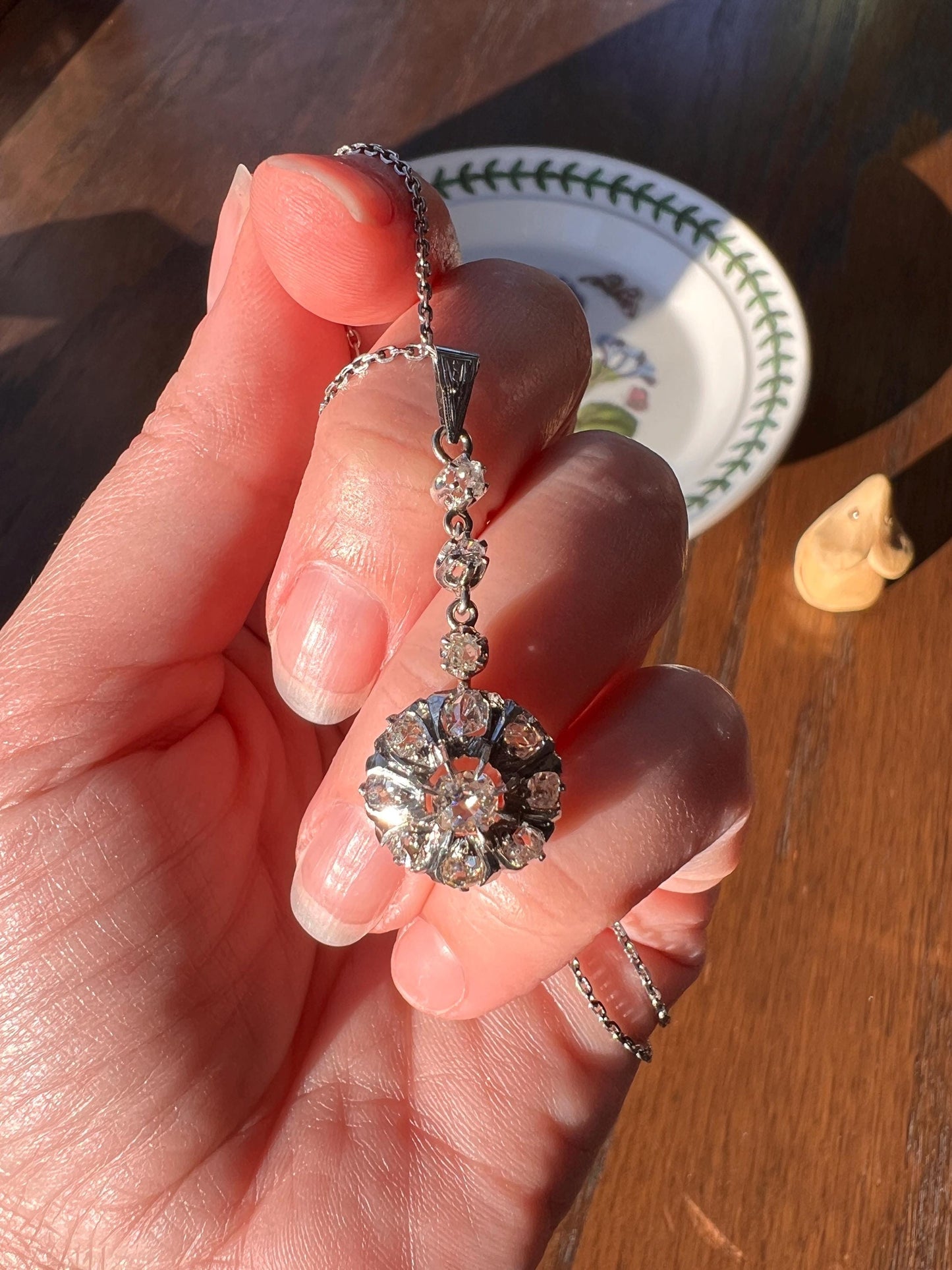 French Antique 1.5 Carat Old Mine Cut DIAMOND Dangle Cluster PENDANT Daisy 18k White Yellow Gold Platinum on Chain Bridal Something Old OMC