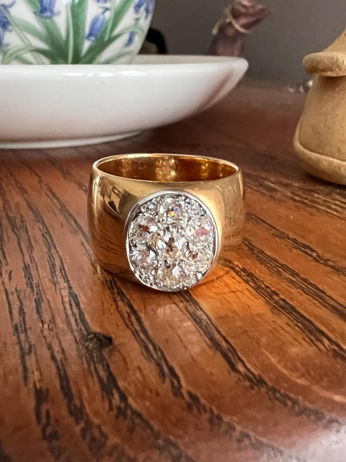 HEAVY 20g 18k Gold Antique CHUNKY 13mm Wide Cigar Band 1.5 CARAT Old Mine Cut DiAMONDS Ring French Cobblestone Oval Cluster