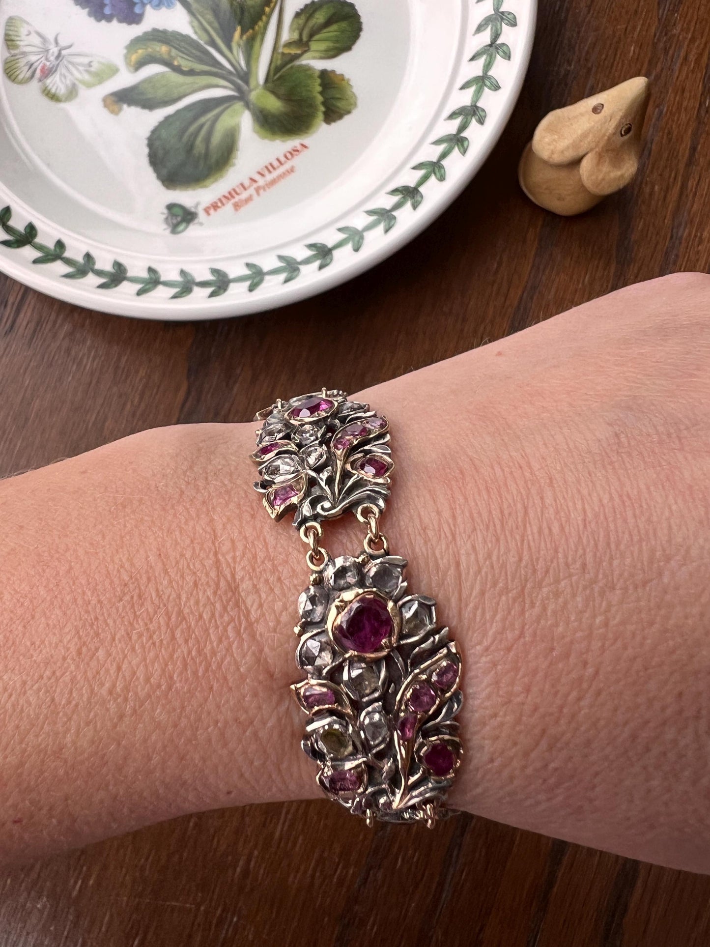 RARE Floral GIARDINETTI Antique Bracelet Flat Cut Ruby Pink Sapphire Rose Cut DIAMOND Figural Link Bracelet Special Georgian 14k Gold Silver