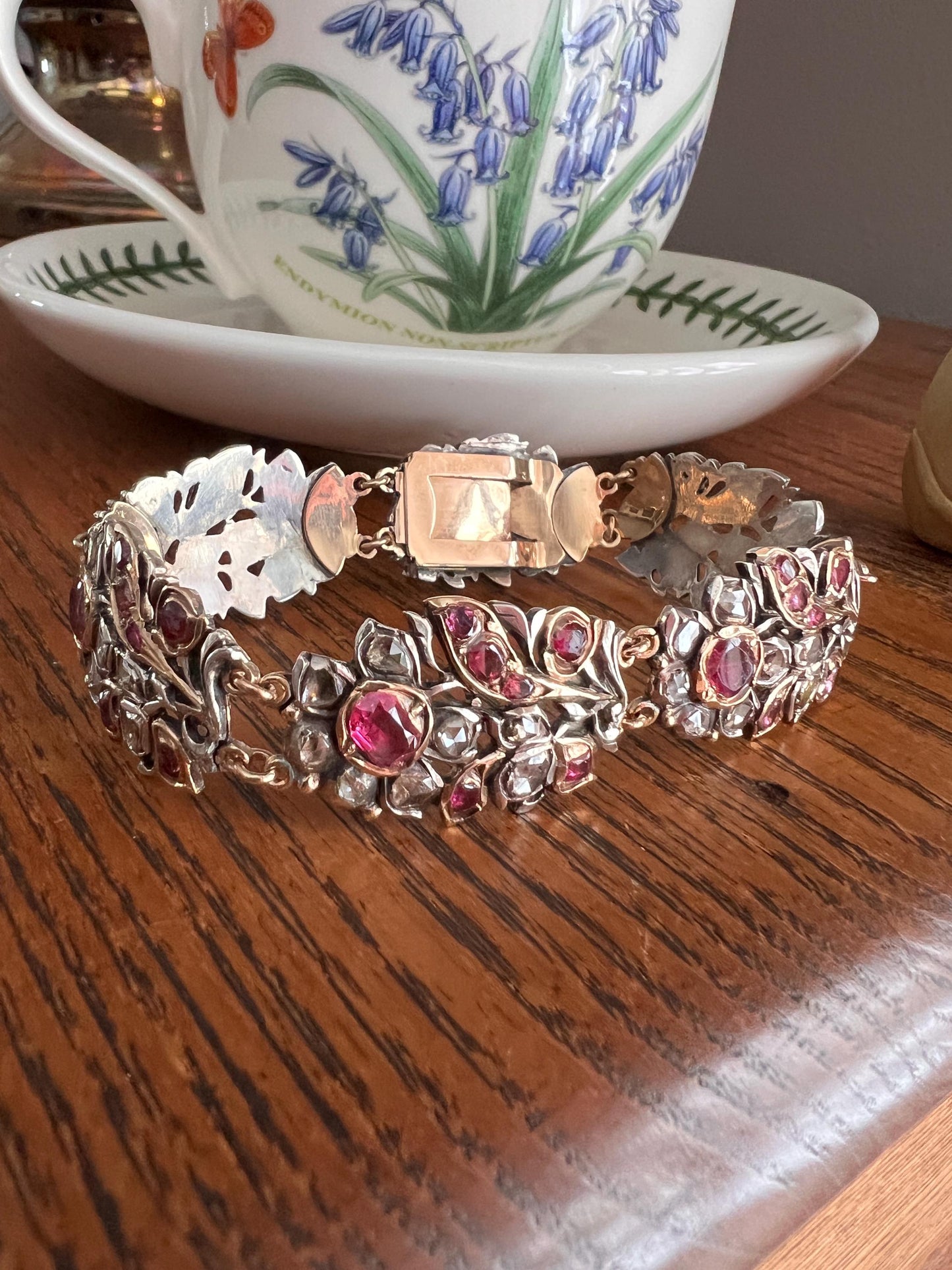 RARE Floral GIARDINETTI Antique Bracelet Flat Cut Ruby Pink Sapphire Rose Cut DIAMOND Figural Link Bracelet Special Georgian 14k Gold Silver