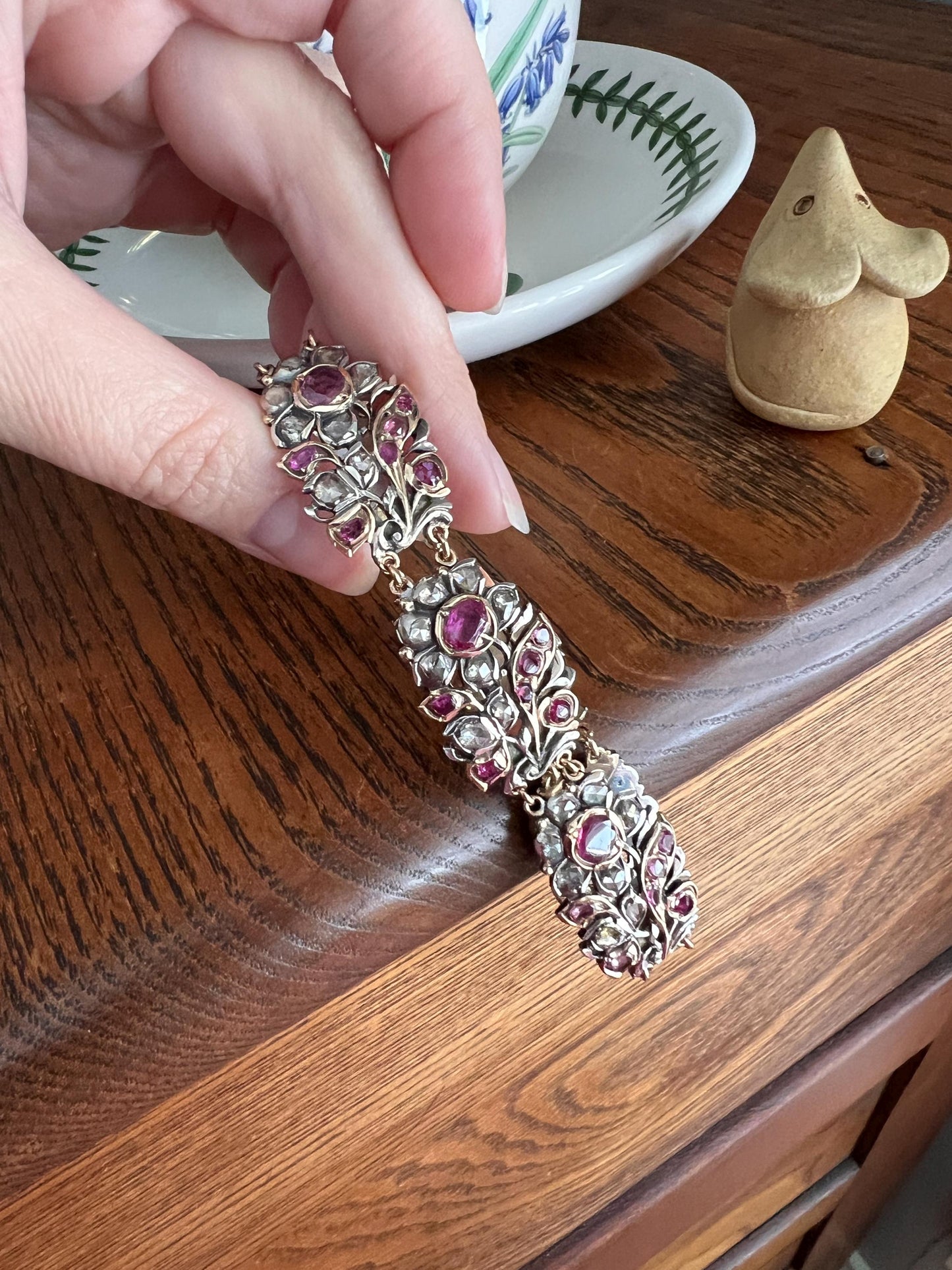 RARE Floral GIARDINETTI Antique Bracelet Flat Cut Ruby Pink Sapphire Rose Cut DIAMOND Figural Link Bracelet Special Georgian 14k Gold Silver