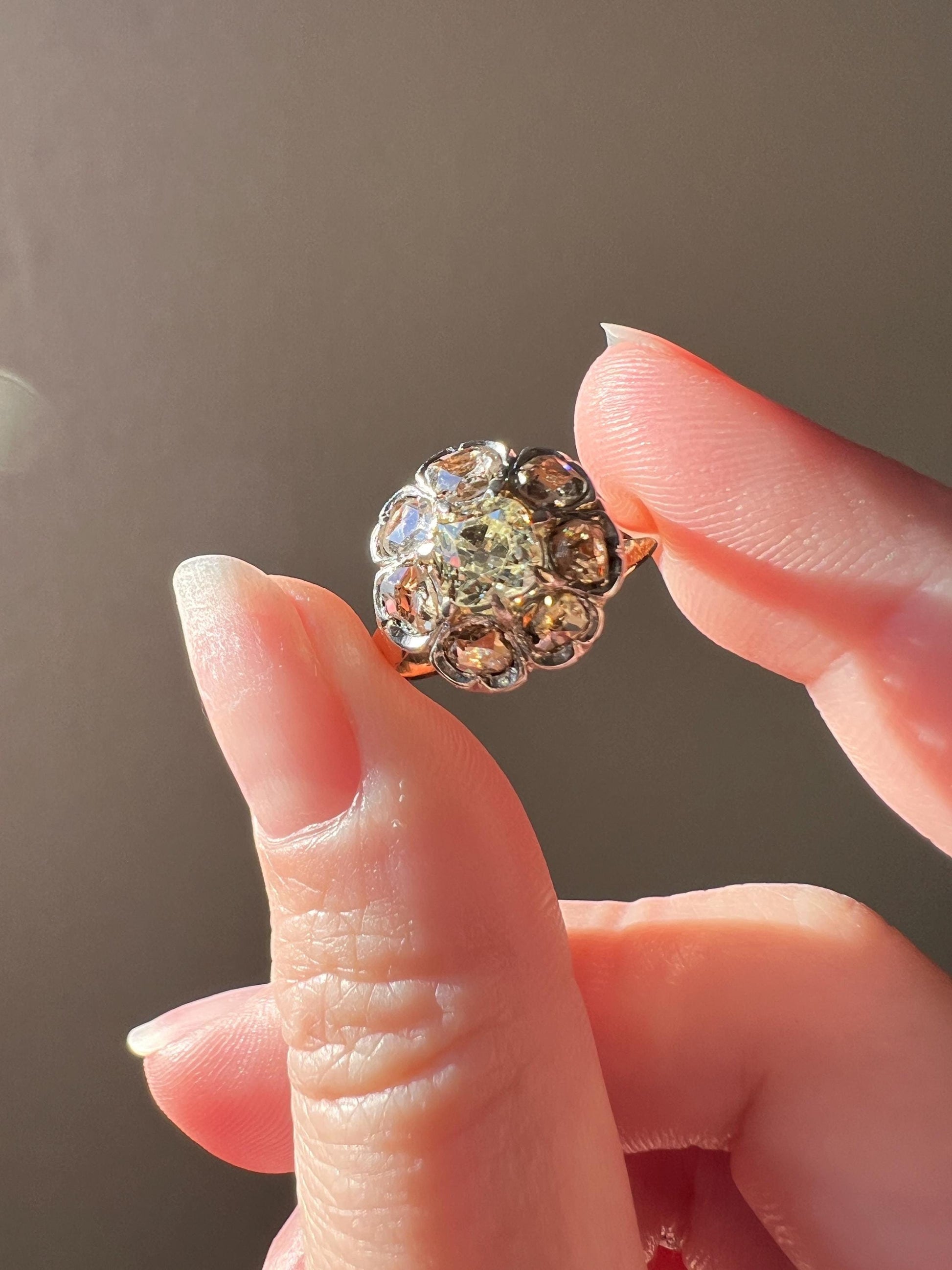 Antique Pale Yellow Center 1.75 Carat Rose Table Old Mine Cut DIAMOND Halo Cluster Ring 18k Gold Dainty Romantic Gift Daisy Stacker OMC