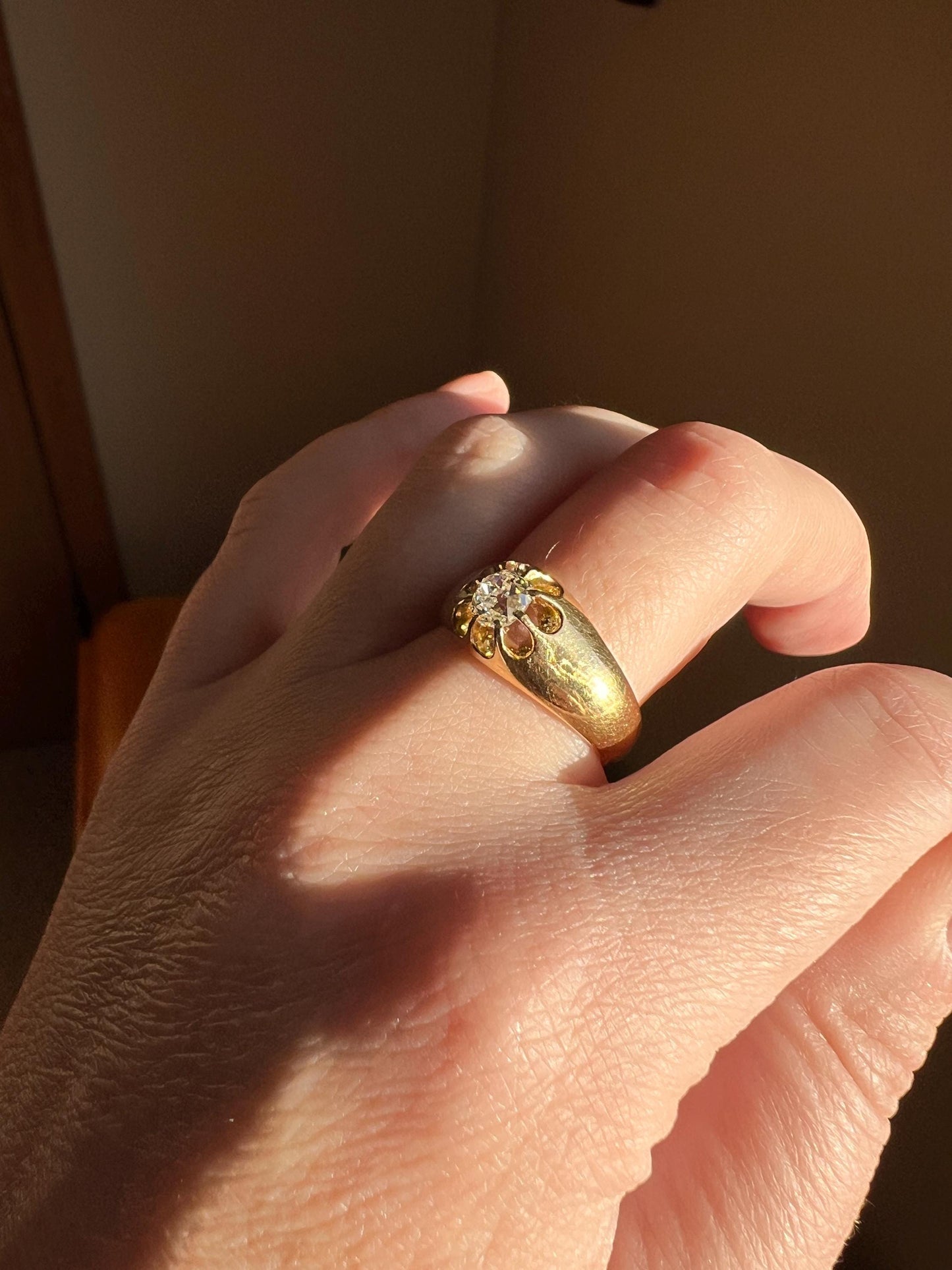 Chunky .6 Carat Old Mine Cut Diamond Buttercup Gypsy Band Glowing 18k Gold Ring Glowing Stacker Wide Band Gift Belcher Set Unisex OMC Man