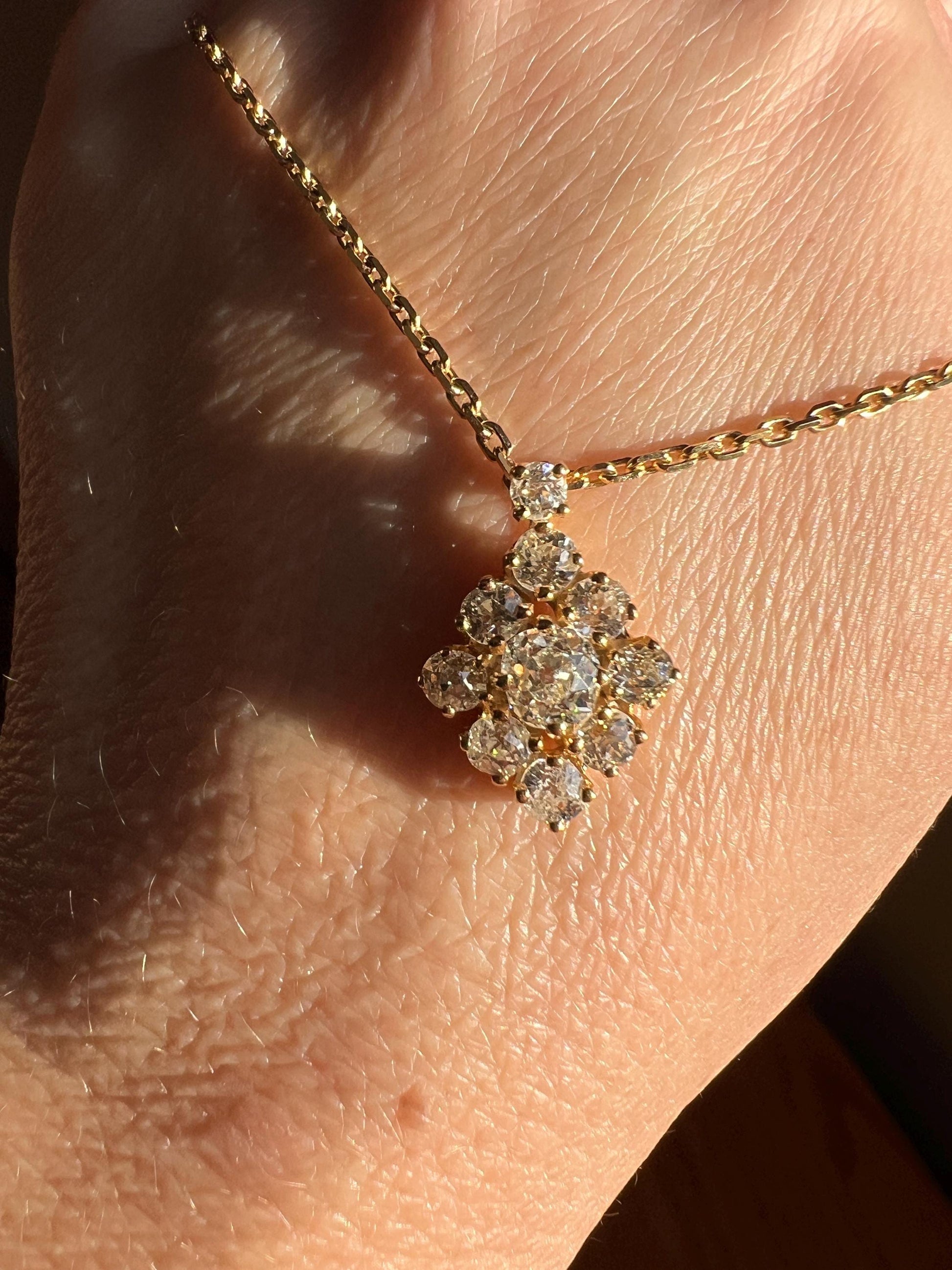 French Antique 2.2 Carat Old Mine Cut DIAMOND Dangle Daisy Cluster PENDANT Daisy 18k Yellow Gold on Chain Bridal Something Old OMC Neckmess