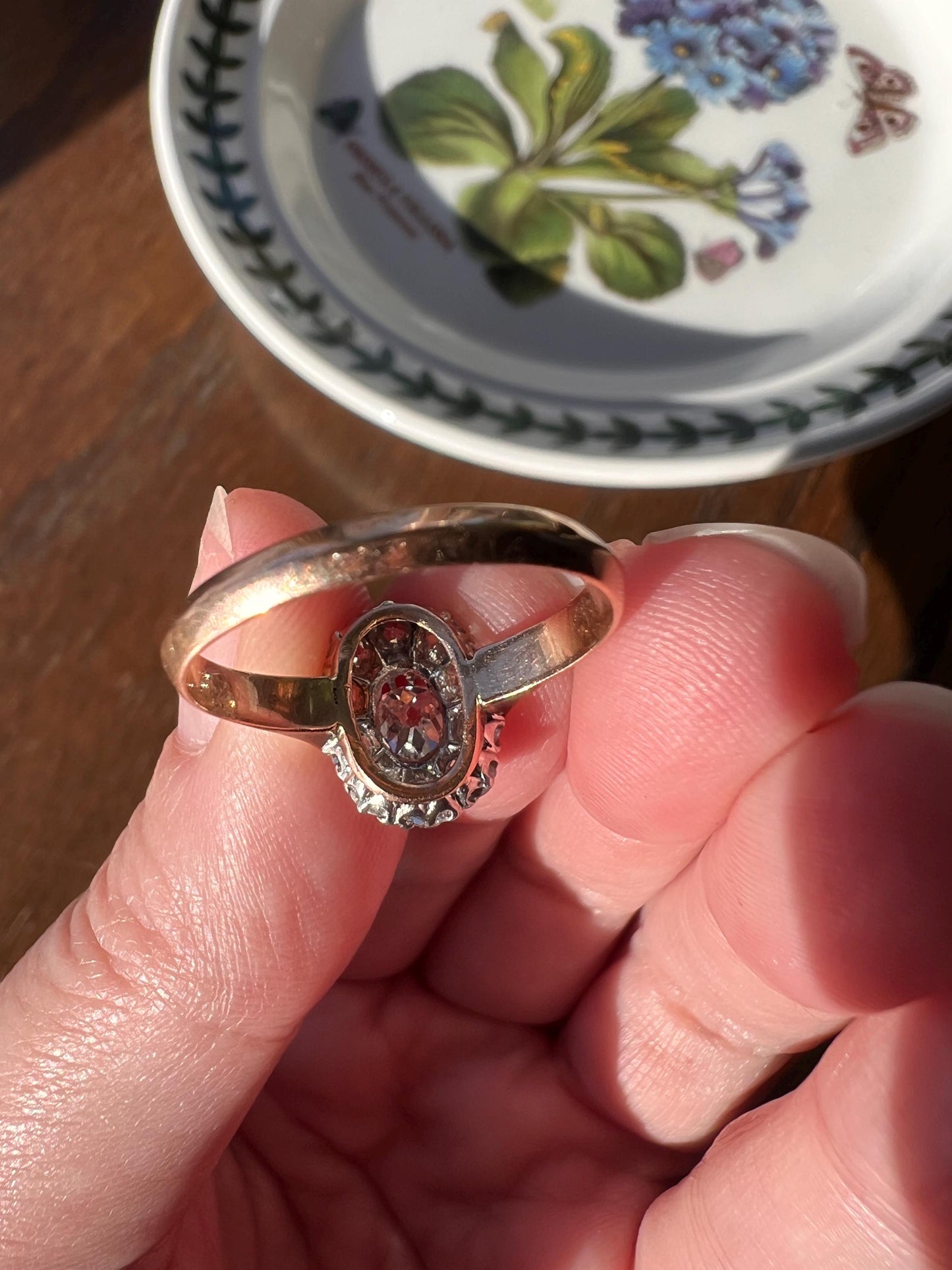 OVAL 1.5 Carat Old Mine Cut DIAMOND Cluster Ring Victorian French Antique Hallmark 18k Gold Rosy Band Stacker Romantic Gift OMC