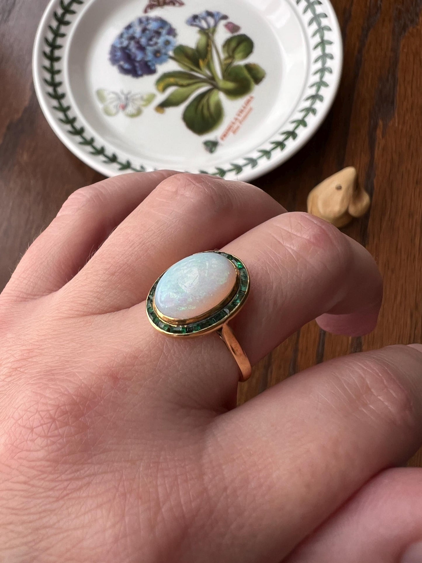 BLUE Opal Carre Cut EMERALD HALO Ring Antique 18k Gold Oval Geometric Bullseye Target Channel Set Green Romantic Gift Victorian Belle Epoque