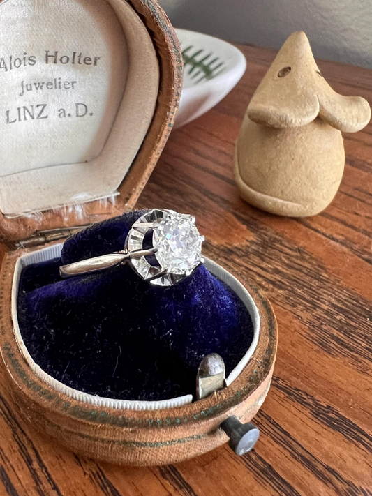 Old Mine Cut DIAMOND Solitaire Ring 1.2 Carat French Antique Engagement Ring 18k White Gold Platinum Illusion Romantic Gift Stacker OMC