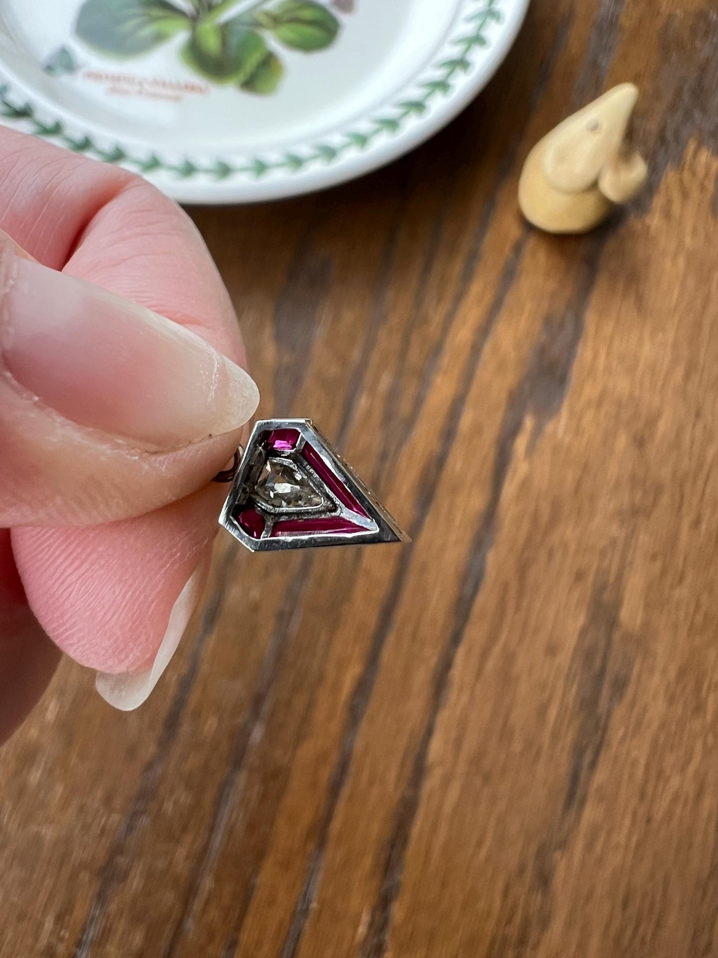 PENTAGON Antique RARE 5 Sided Kite Lozenge Old Cut DIAMOND 18k White Gold Eye Clean Pendant Art Deco Pink Ruby Halo One of Kind Gift Charm