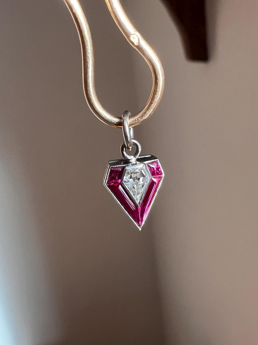 PENTAGON Antique RARE 5 Sided Kite Lozenge Old Cut DIAMOND 18k White Gold Eye Clean Pendant Art Deco Pink Ruby Halo One of Kind Gift Charm