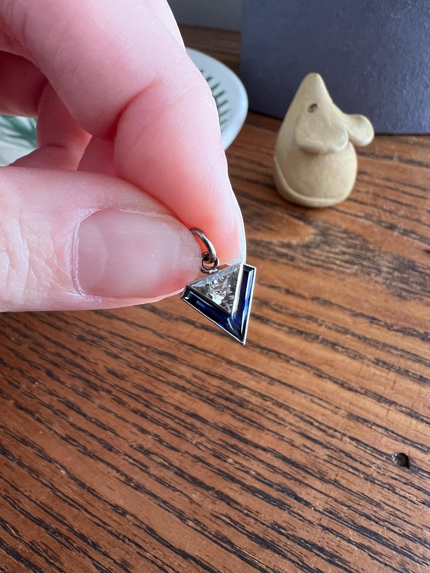 TRIANGLE Shield Antique RARE Lozenge Old Cut DIAMOND 18k White Gold Eye Clean Pendant Art Deco Blue Sapphire Halo One of Kind Gift Charm