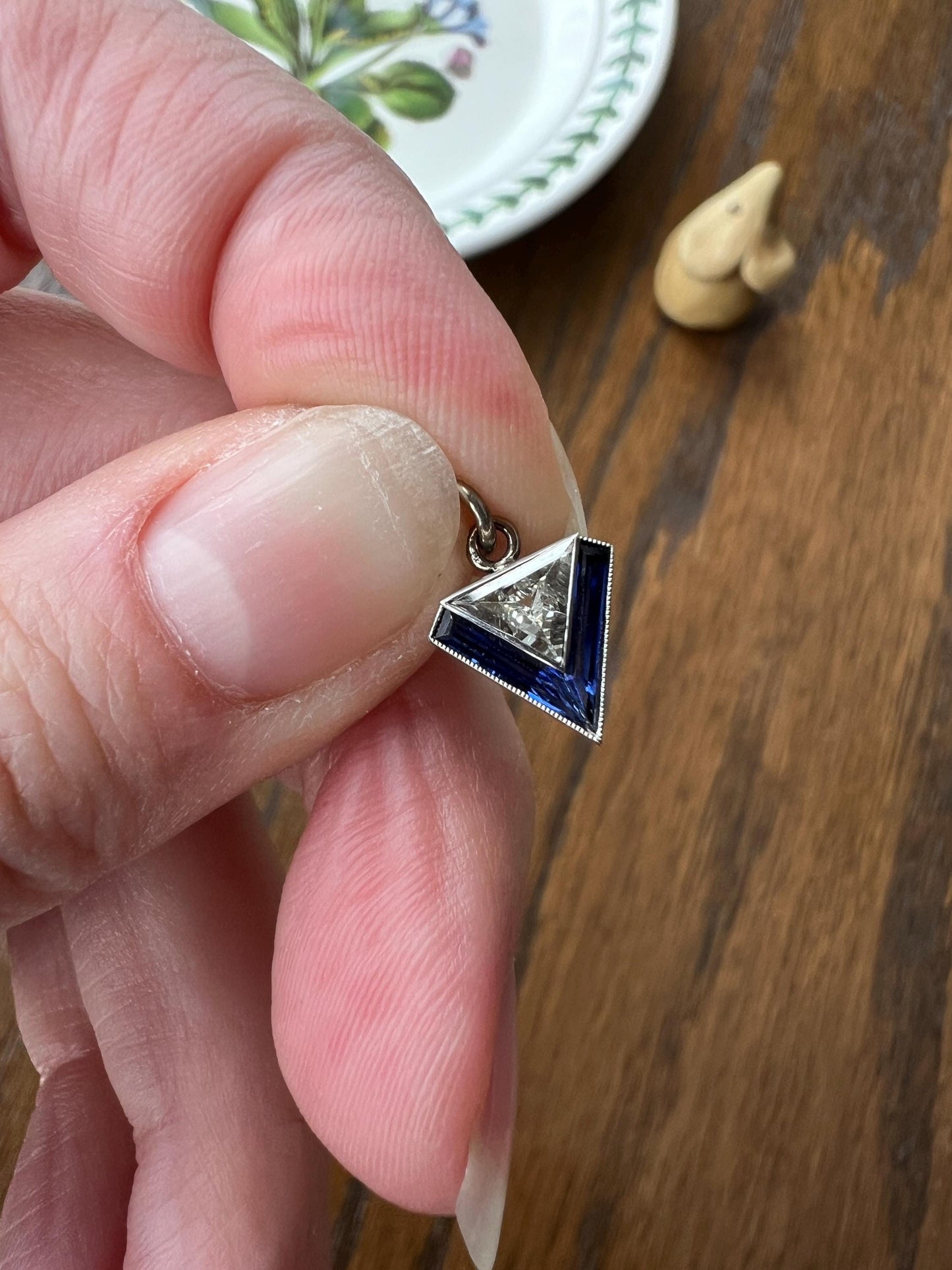 TRIANGLE Shield Antique RARE Lozenge Old Cut DIAMOND 18k White Gold Eye Clean Pendant Art Deco Blue Sapphire Halo One of Kind Gift Charm