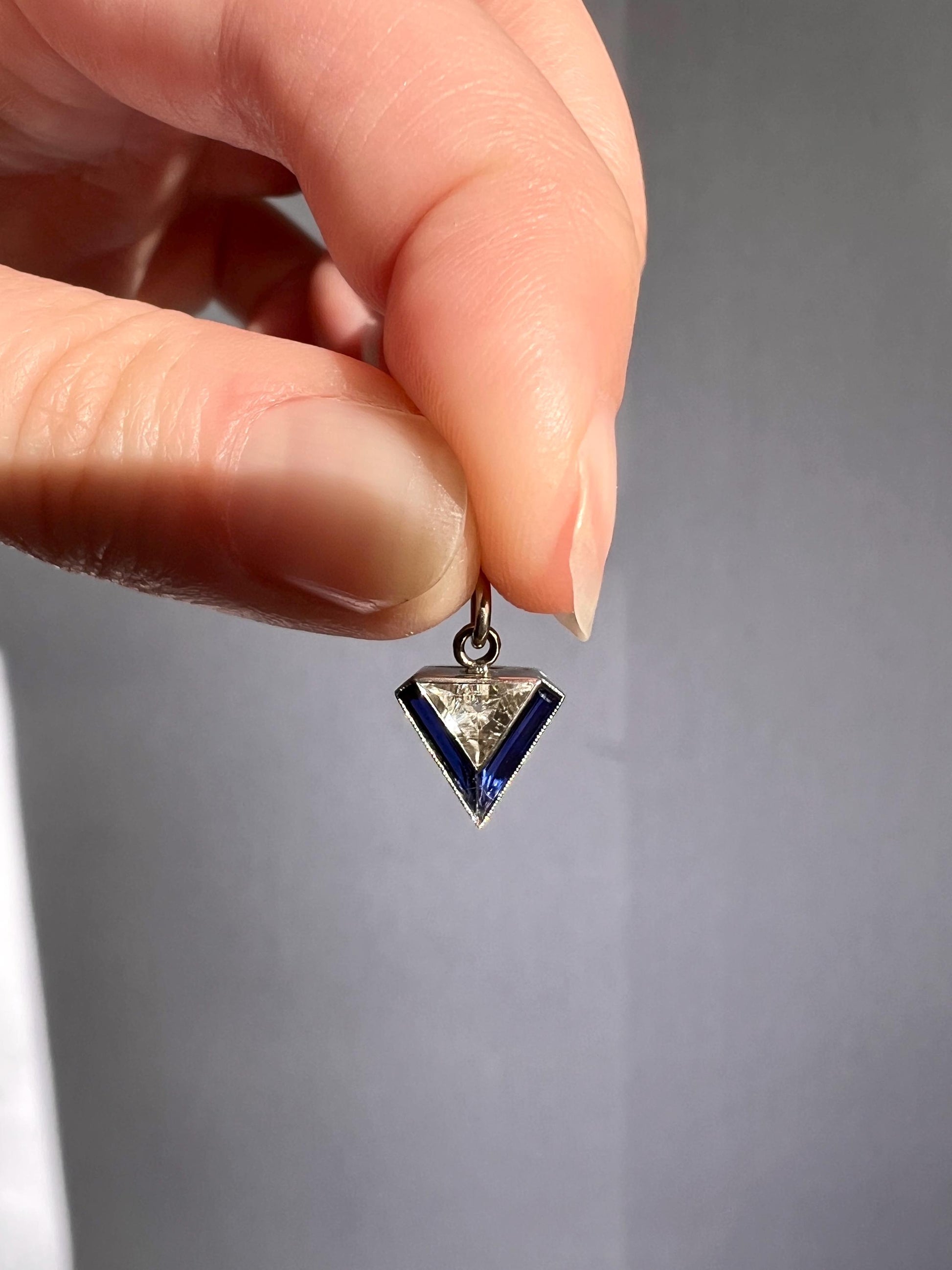 TRIANGLE Shield Antique RARE Lozenge Old Cut DIAMOND 18k White Gold Eye Clean Pendant Art Deco Blue Sapphire Halo One of Kind Gift Charm