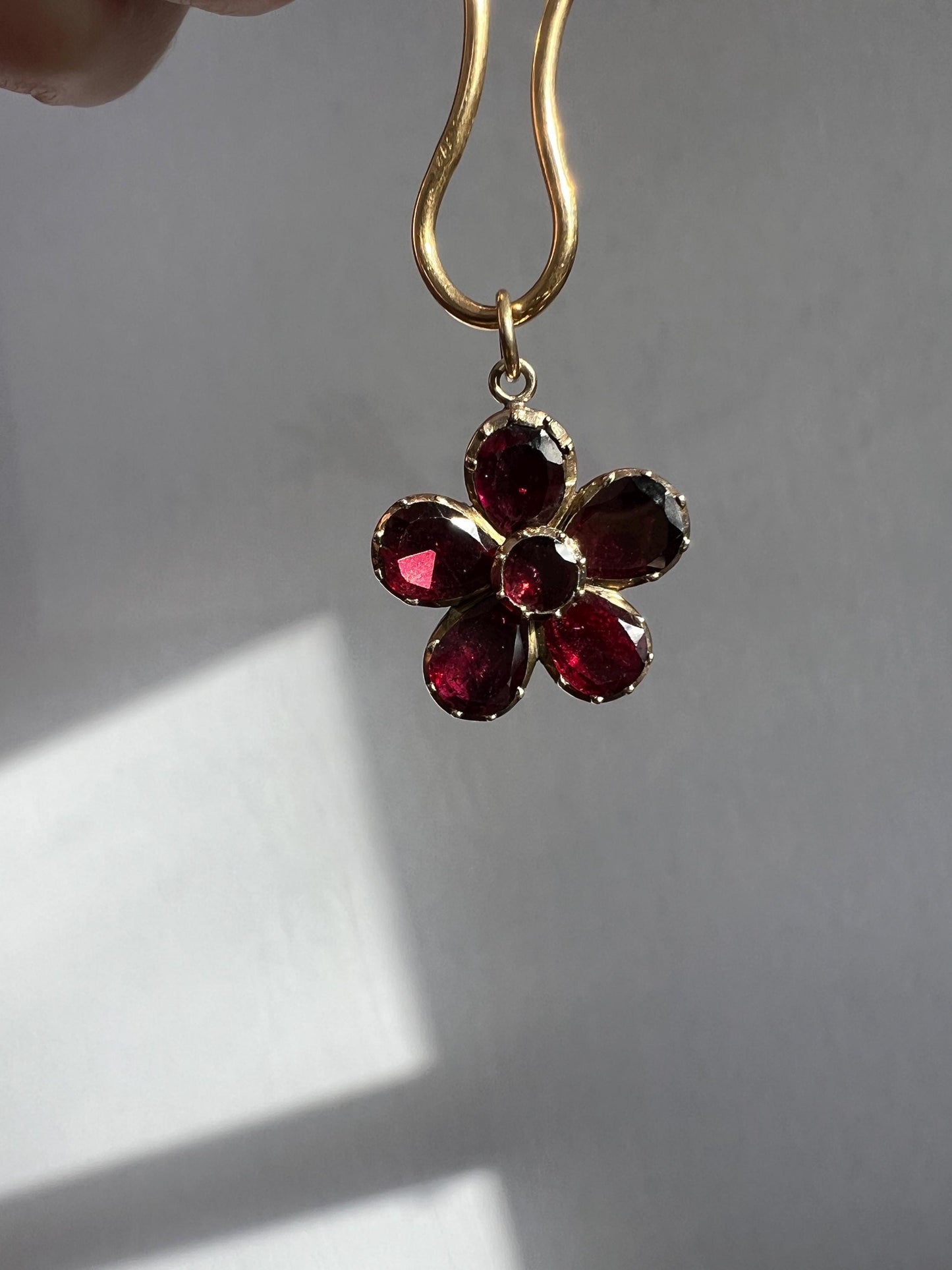 Larger ANTIQUE Flower Flat Cut Juicy Purple GARNET Pendant Charm Georgian Foiled Domed Back Forget Me Not Figural Glowing Victorian Pink Red