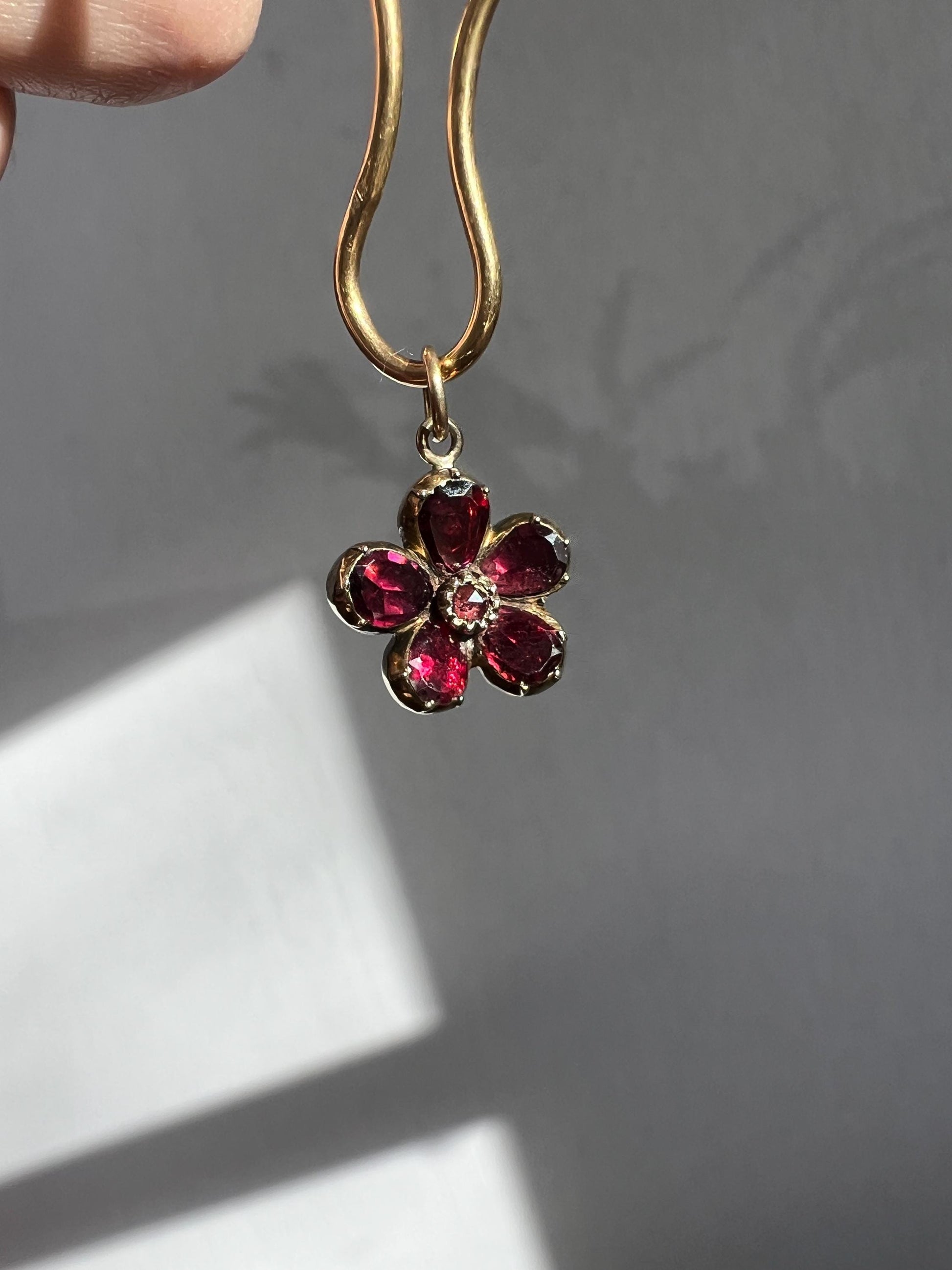 Small ANTIQUE Flower Flat Cut Juicy Purple GARNET Pendant Charm Georgian Foiled Closed Back Forget Me Not Figural Glowing Victorian Pink Red