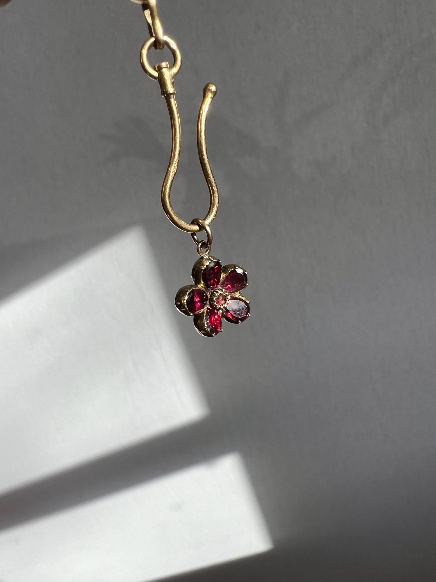 Small ANTIQUE Flower Flat Cut Juicy Purple GARNET Pendant Charm Georgian Foiled Closed Back Forget Me Not Figural Glowing Victorian Pink Red