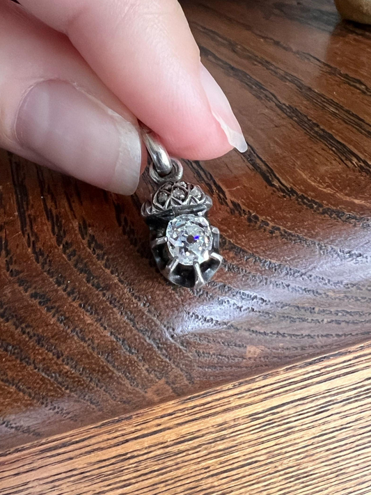 ACORN Eye Clean .65 Carat Old Mine Cut DIAMOND Rose Cut French Victorian ANTIQUE Figural Pendant 18k Gold Silver
