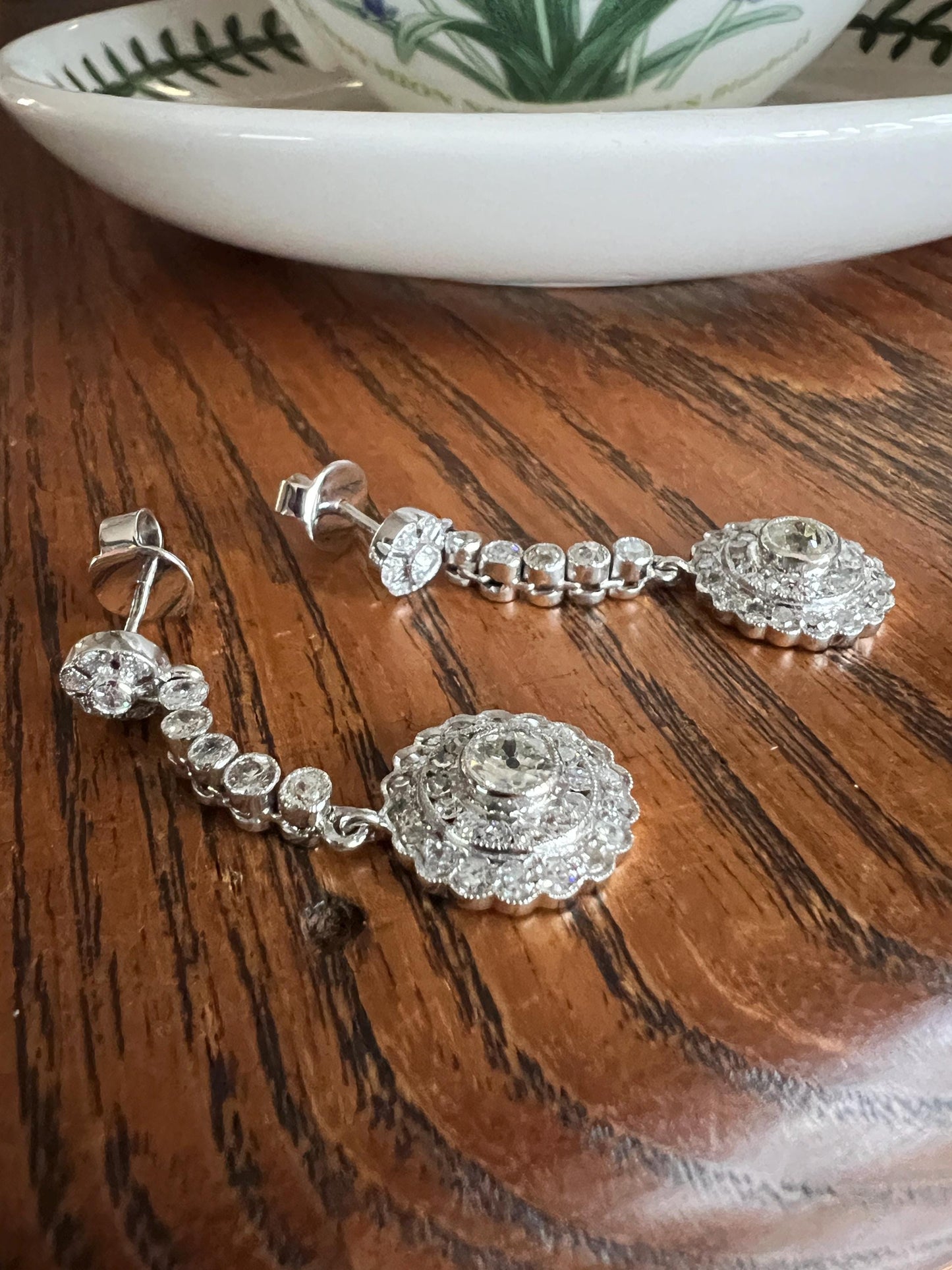 Antique 4 Carats Tdw Old Mine Single Cut DIAMOND Cluster Dangle Earrings 18k White Gold Bullseye Halo Drop Bridal Something Old Rare 4Ct OmC