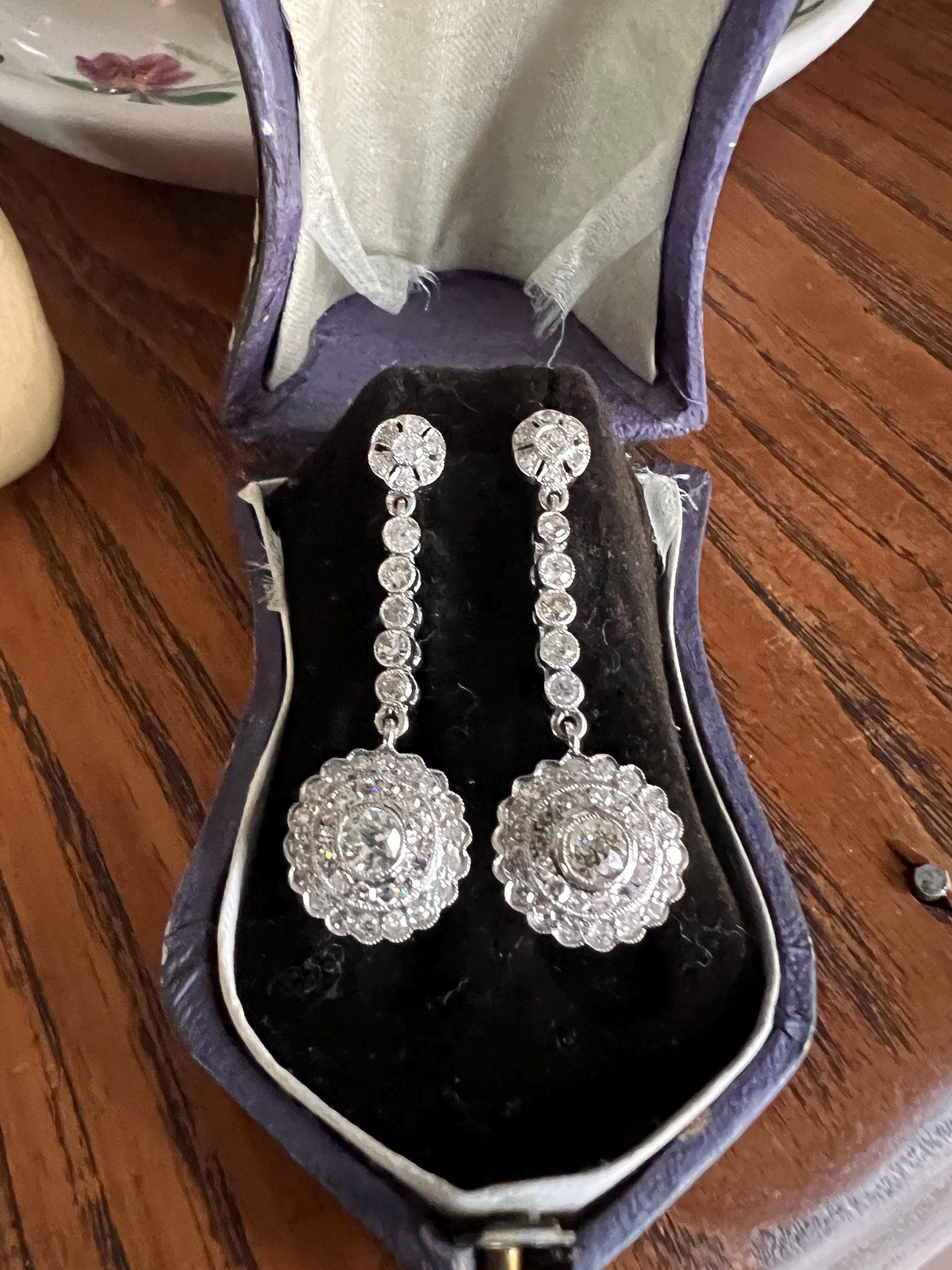 Antique 4 Carats Tdw Old Mine Single Cut DIAMOND Cluster Dangle Earrings 18k White Gold Bullseye Halo Drop Bridal Something Old Rare 4Ct OmC