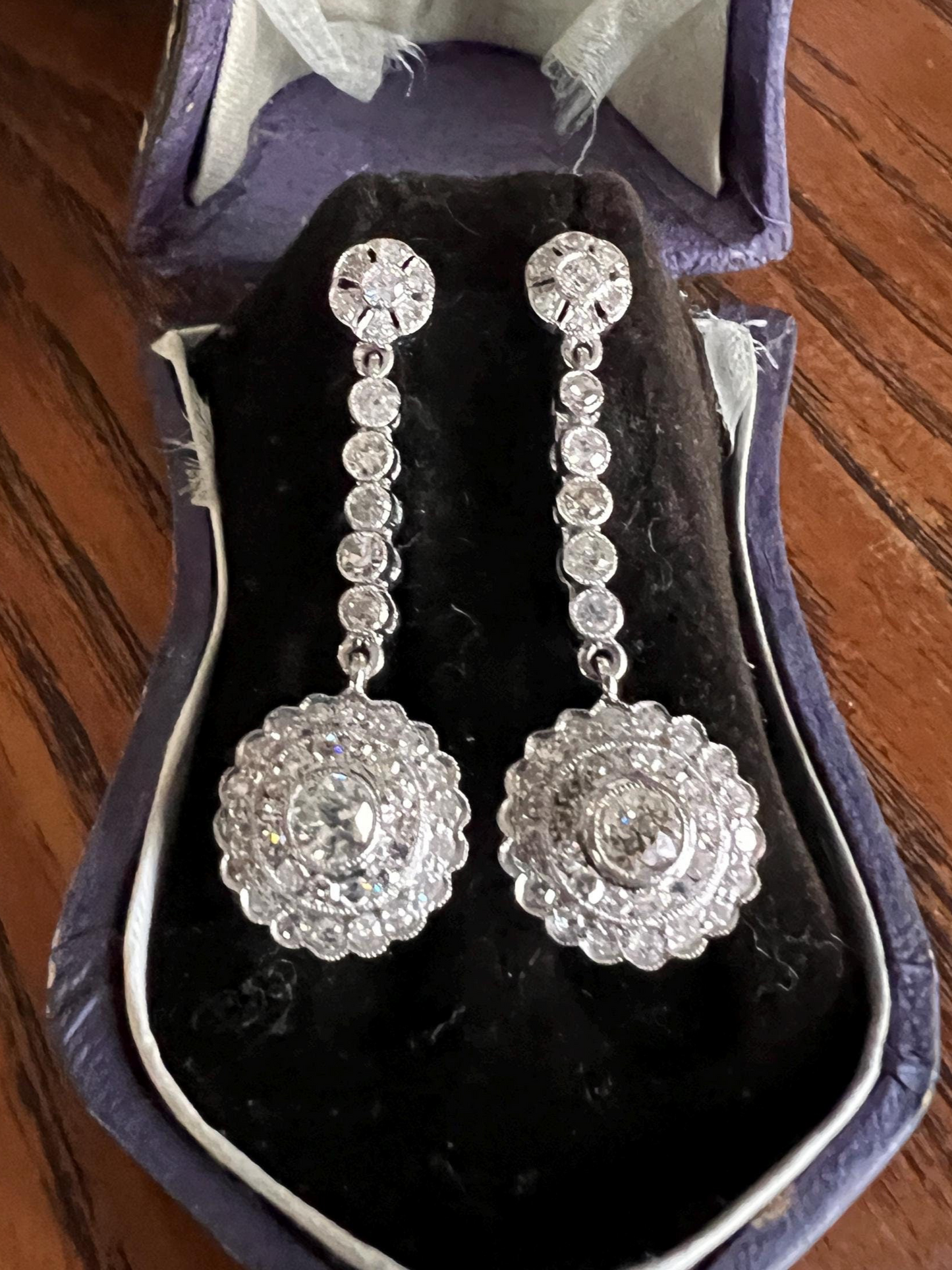 Antique 4 Carats Tdw Old Mine Single Cut DIAMOND Cluster Dangle Earrings 18k White Gold Bullseye Halo