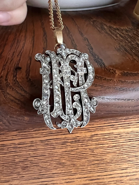 MP PM Antique 2 Carat Rose Cut Diamond Encrusted Initials XL Georgian Pendant 1.3" Heavy Figural 18k Gold Silver