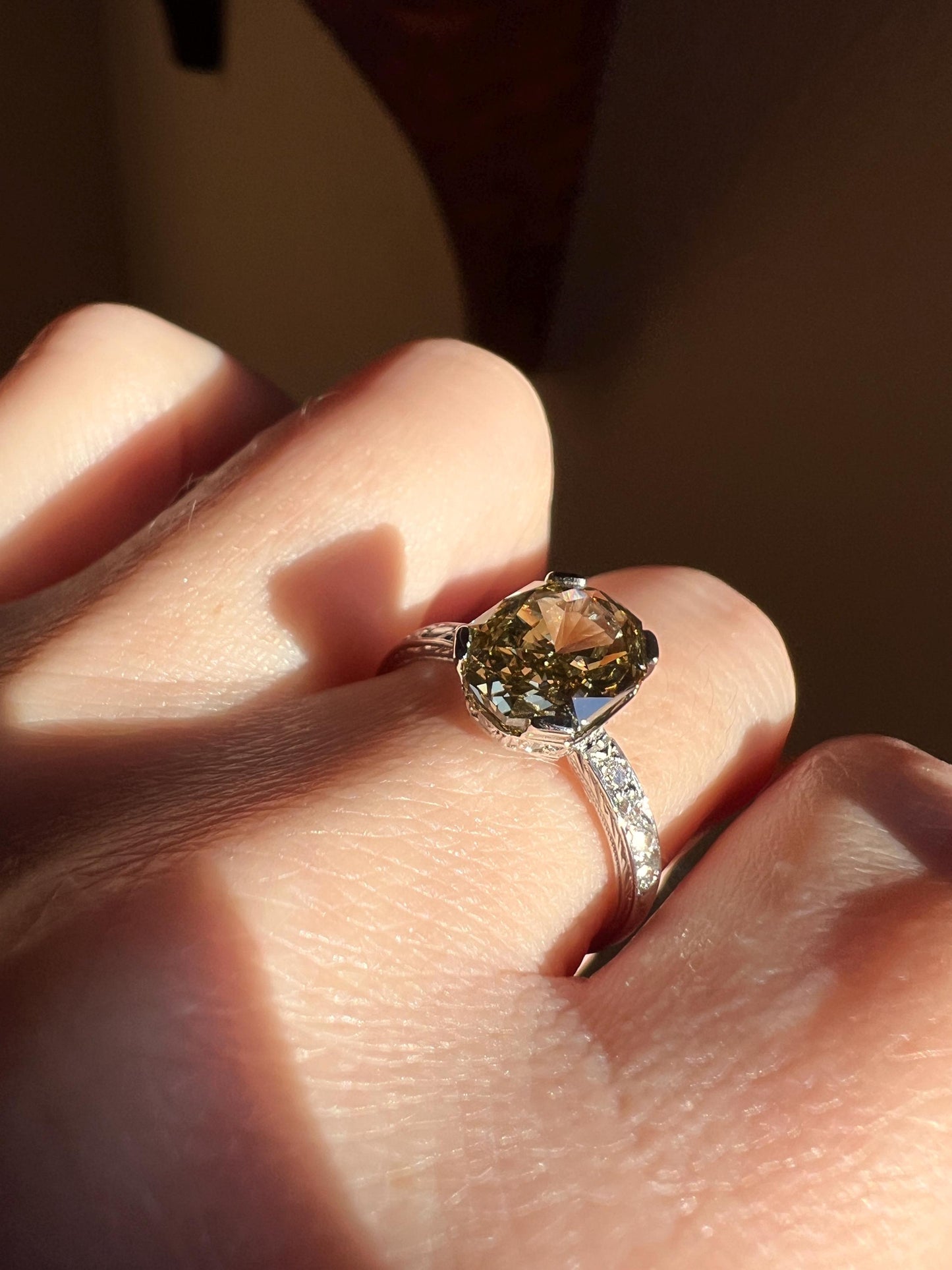 Fancy BROWN Yellow Eye Clean Elongated Octagon Brilliant Cut DIAMOND Ring 2.5 Carat Tdw Platinum Hidden Halo Engagement Solitaire Gift Rare