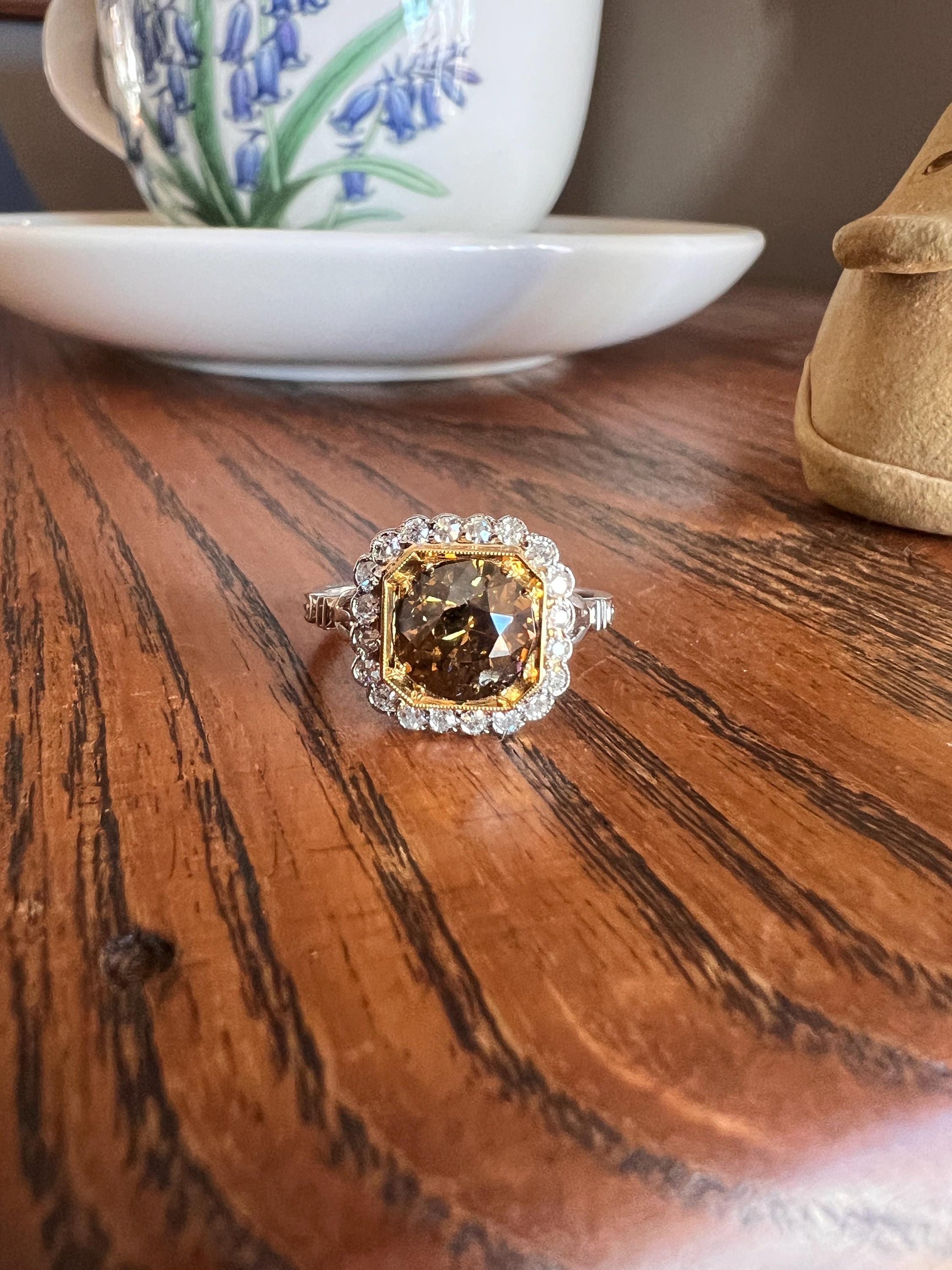 Edwardian 2.3 Carat Tdw Antique Fancy BROWN Yellow Old European Cut DIAMOND Halo Ring Platinum 18k Gold Ornate Stacker Scalloped Cognac OeC